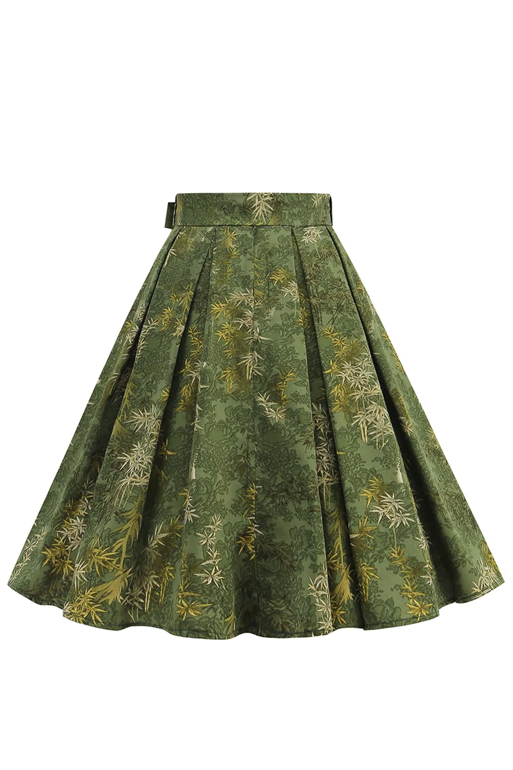 1950s Army Green Floral Pleated Swing Skirt