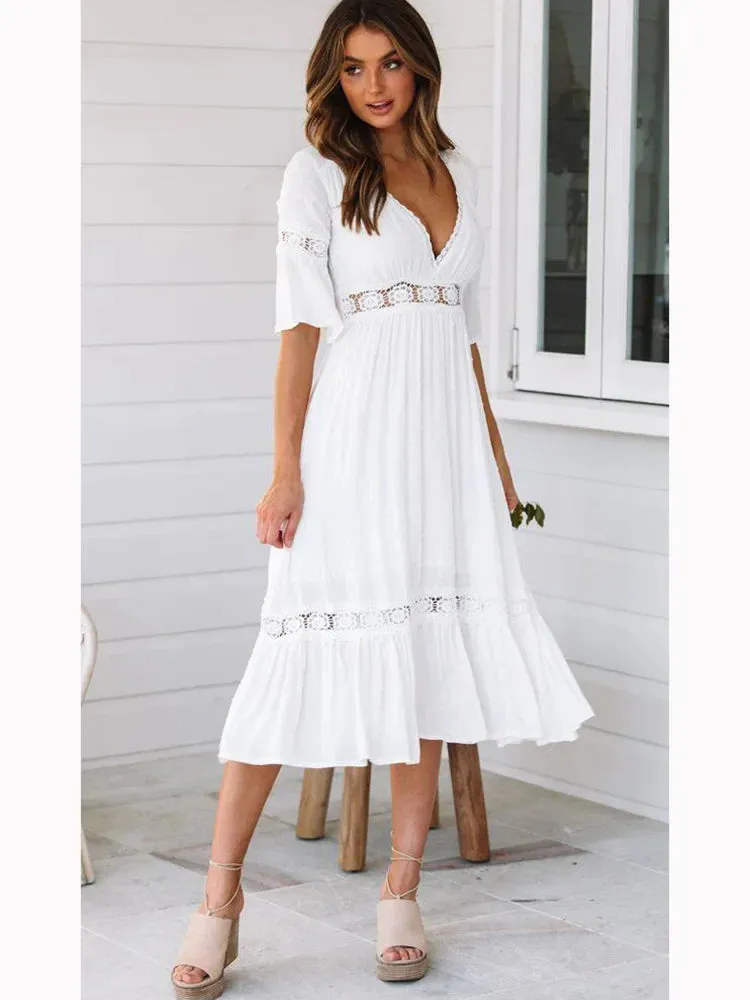 2024 Sexy V Neck Lace Splice Boho Midi Dress