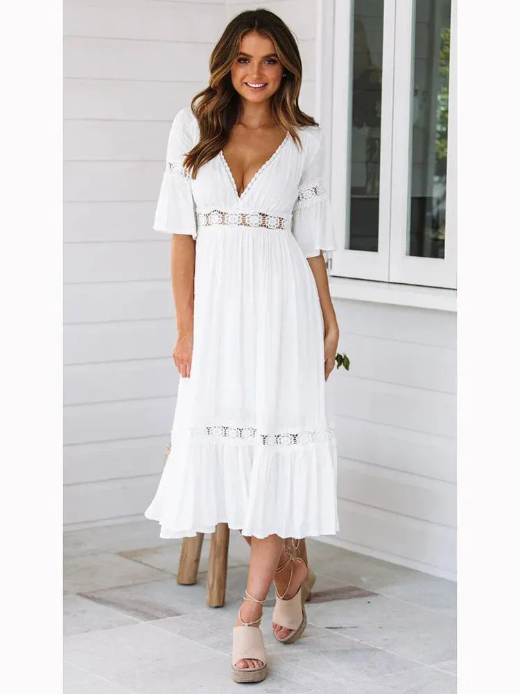 2024 Sexy V Neck Lace Splice Boho Midi Dress