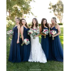 A-line Floor-length V-Neck Navy Blue Bridesmaid dresses With Pleats, BD0525