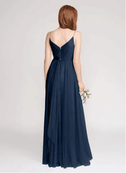 A-line Floor-length V-Neck Navy Blue Bridesmaid dresses With Pleats, BD0525