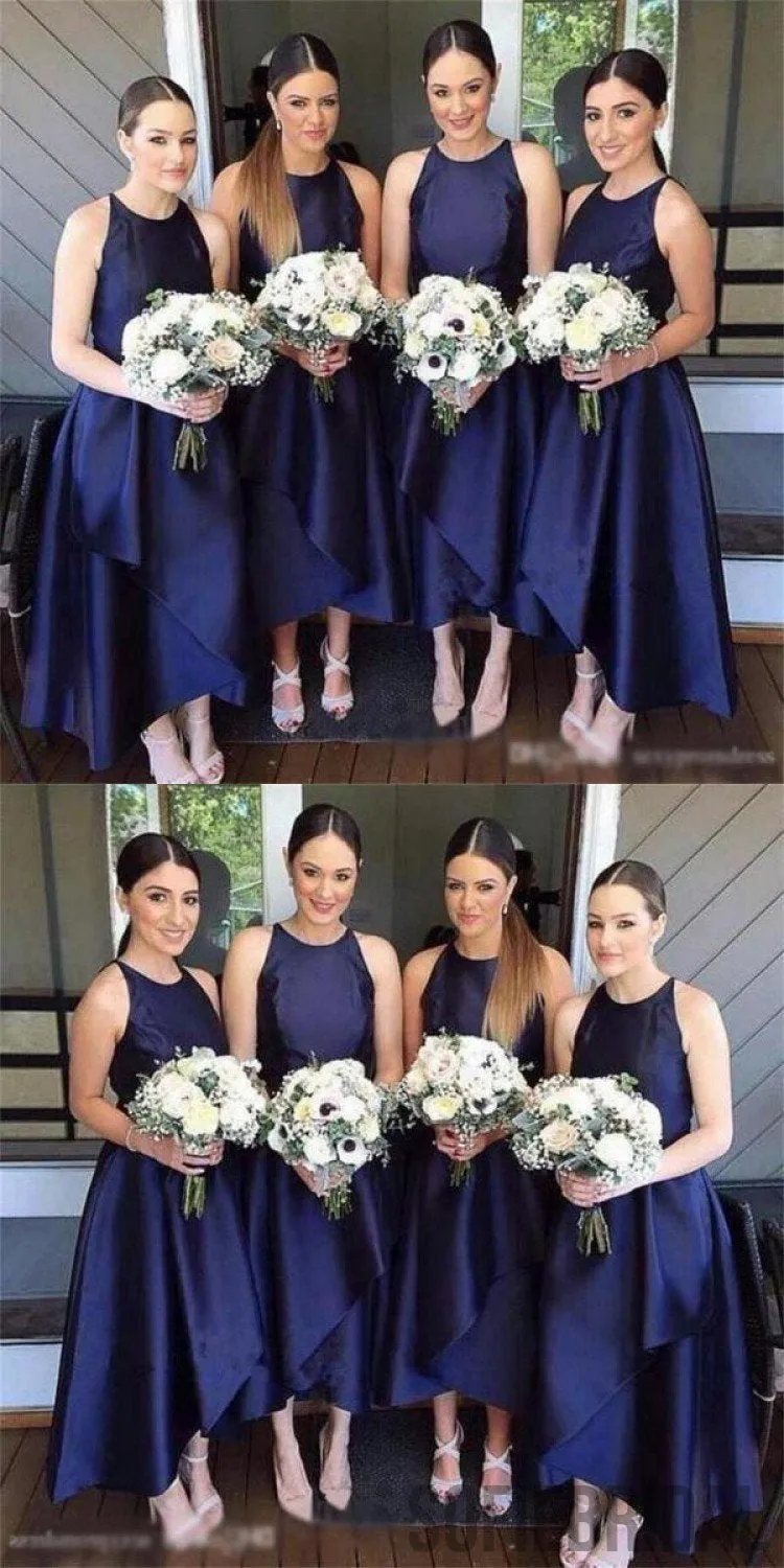 A-line Sleeveless Round Neck Simple Navy Blue Bridesmaid Dresses, BD0571