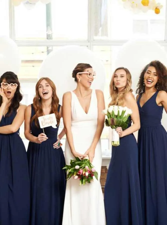 A-Line V-neck Chiffon Navy Blue Long Bridesmaid dress OB132