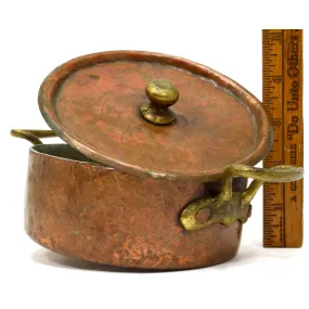 Antique COPPER & TIN BRAISING PAN Single-Serve 5" BOWL w/ LID & 2 Brass Handles!