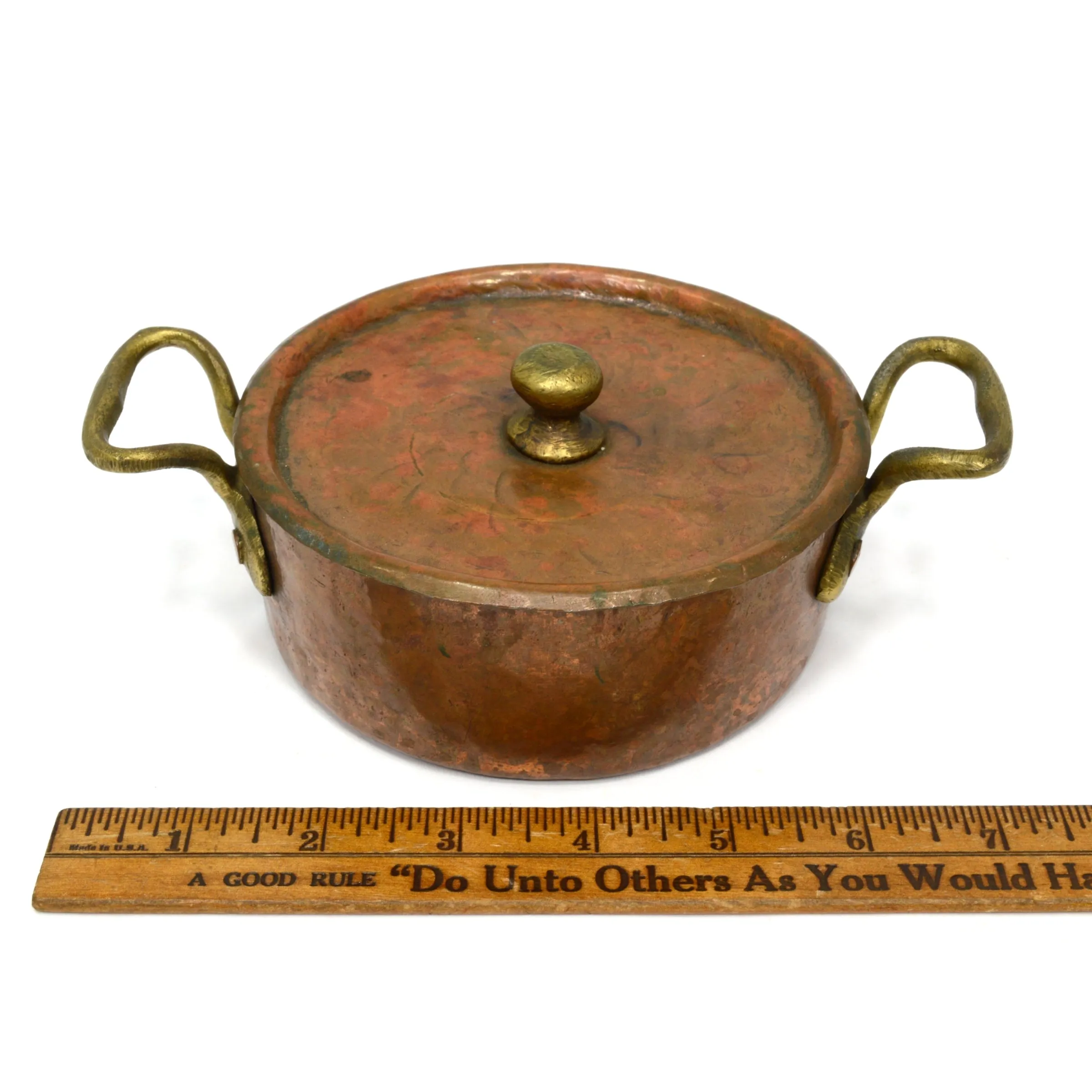 Antique COPPER & TIN BRAISING PAN Single-Serve 5" BOWL w/ LID & 2 Brass Handles!