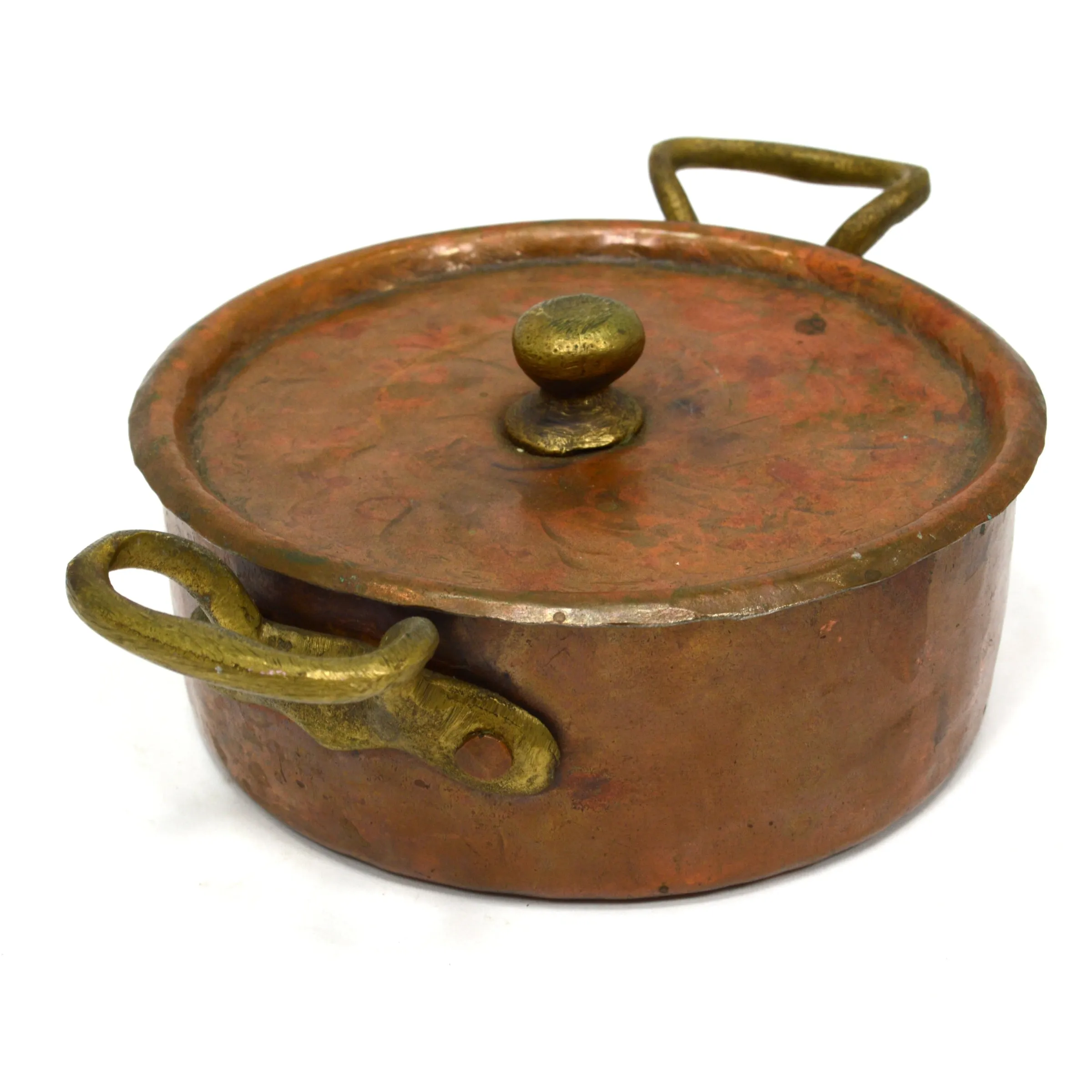 Antique COPPER & TIN BRAISING PAN Single-Serve 5" BOWL w/ LID & 2 Brass Handles!