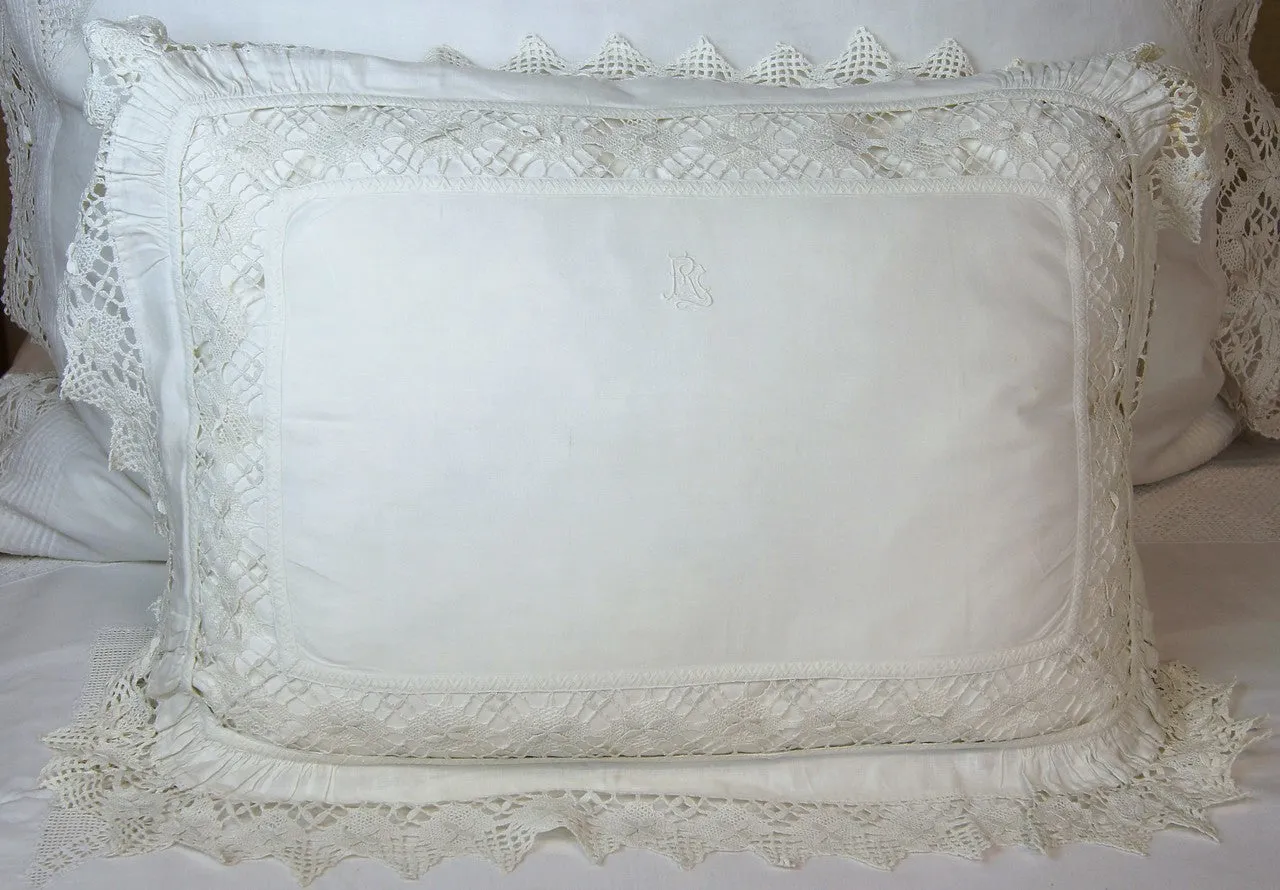 Antique White Linen Sham with Crochet Inserts and Lace Edges