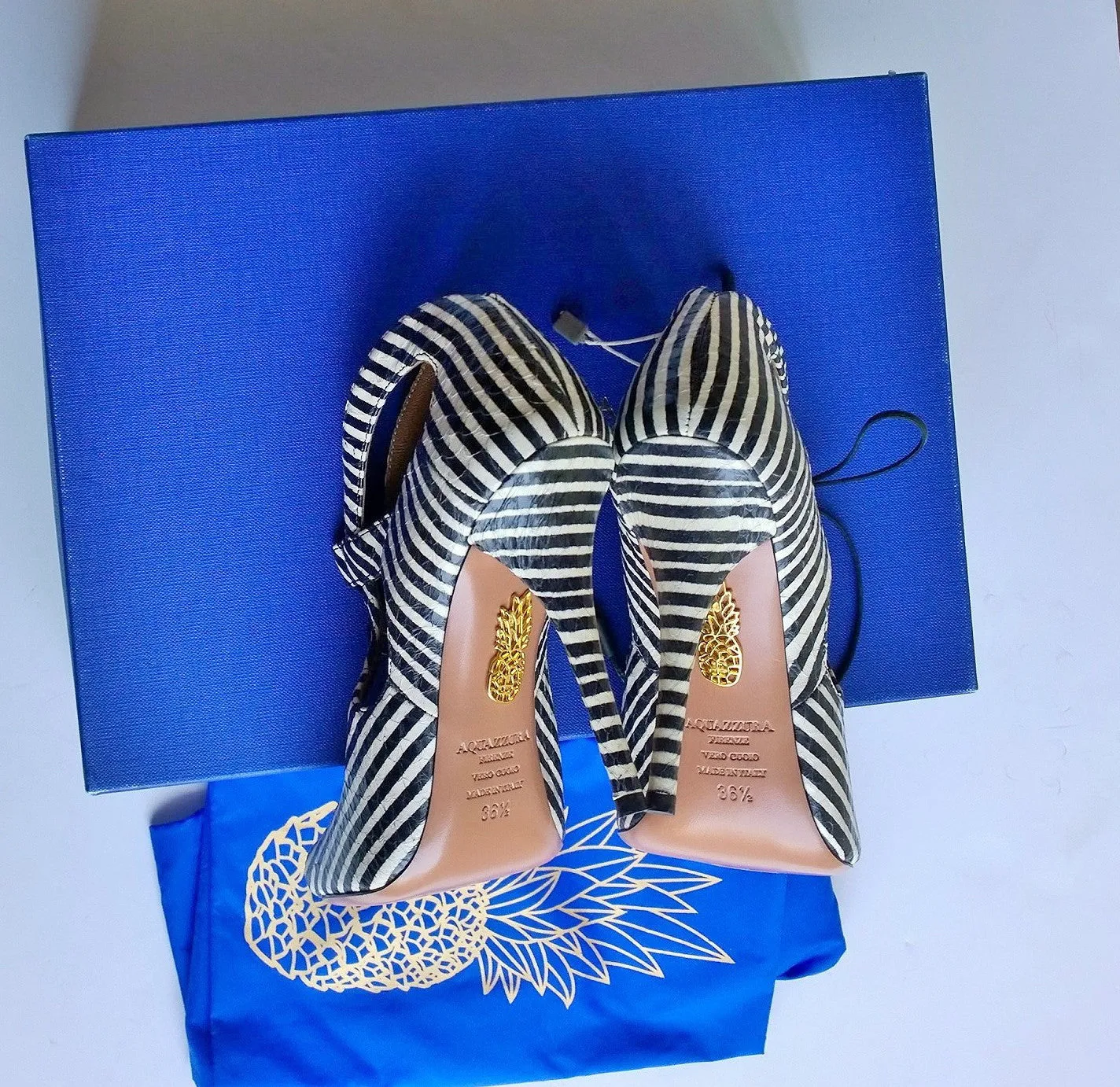 Aquazzura C'est Chic 105 Printed Elaphe Sandals in Black and White Heels