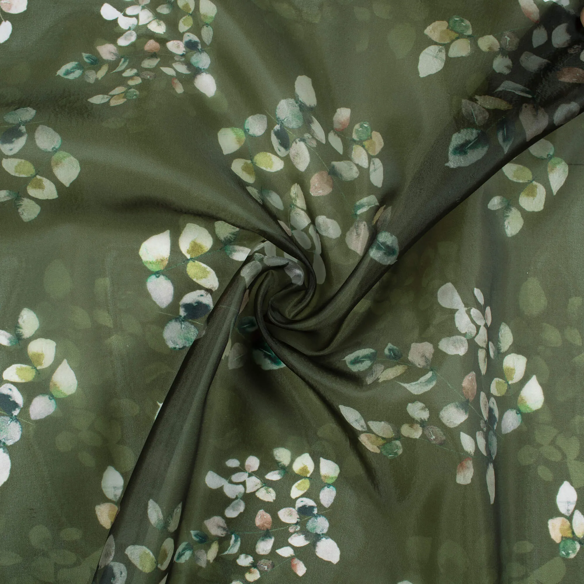 Army Green And White Floral Pattern Digital Print Organza Satin Fabric