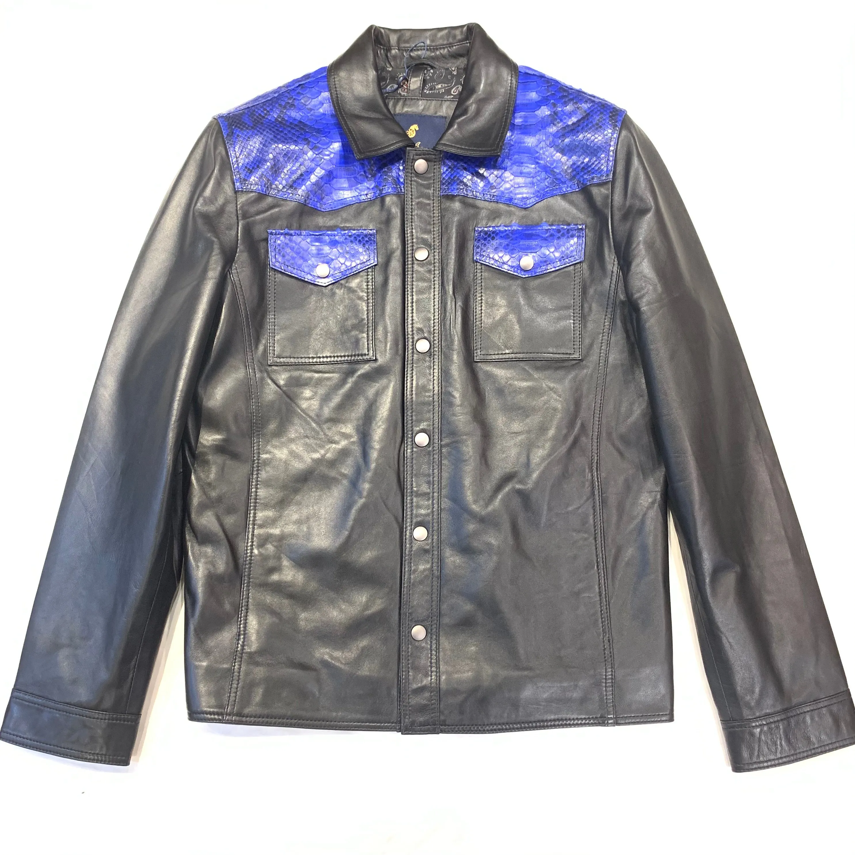 Barya NewYork Blue/Black Python Snakeskin Button-Up Shirt