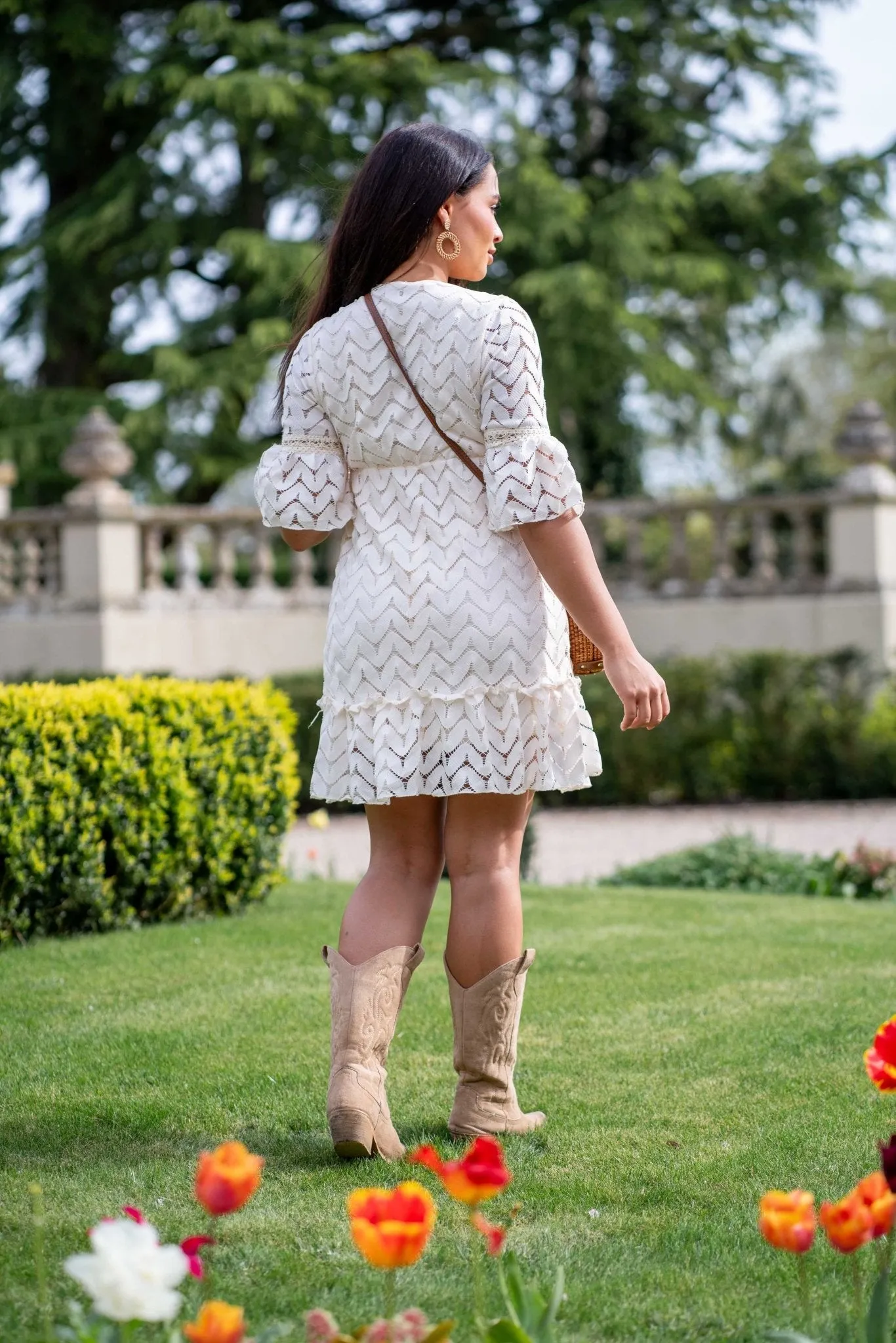 Beige Boho Bell Sleeve Lace Effect Dress