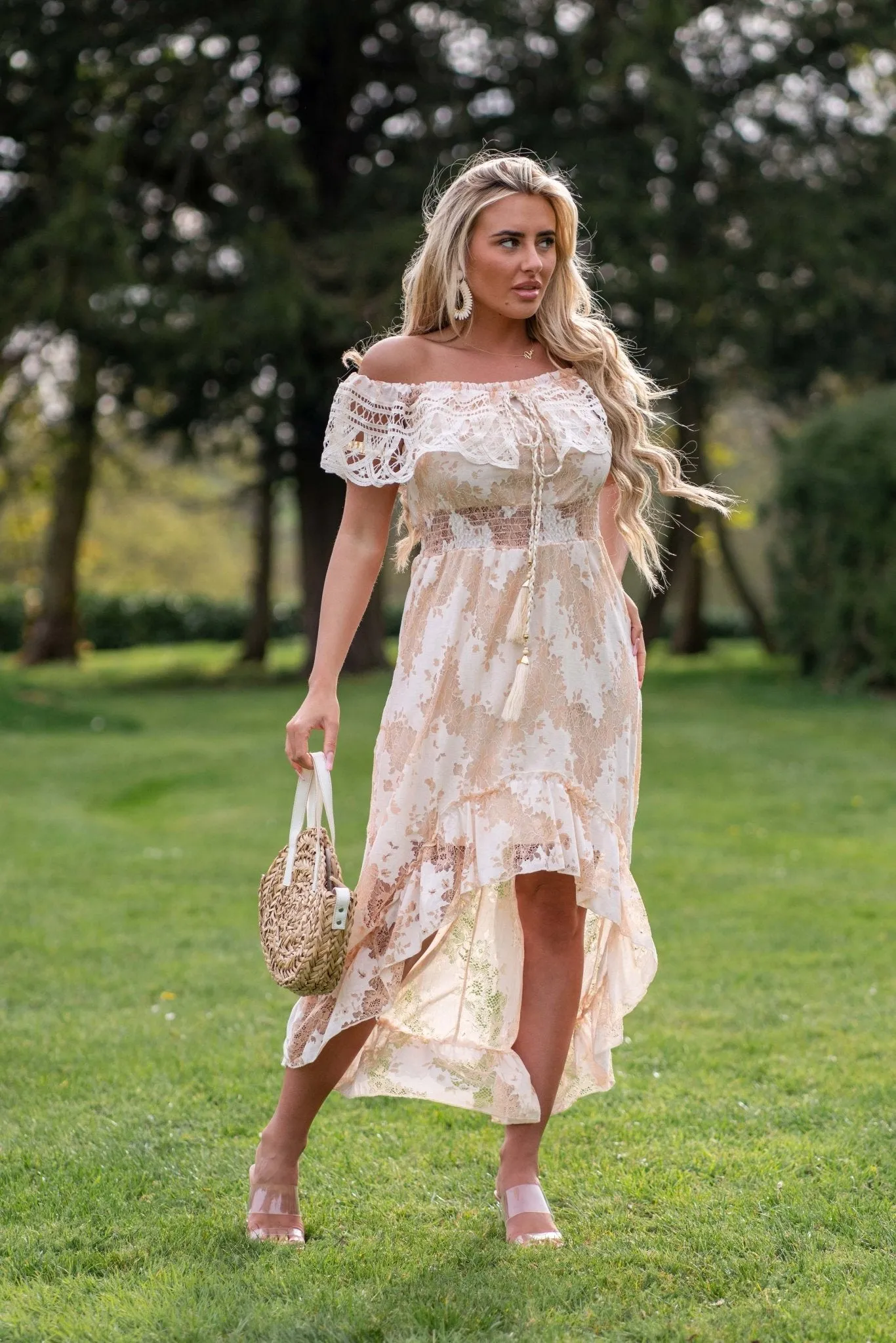 Beige Boho Dipped Hem Bardot Dress