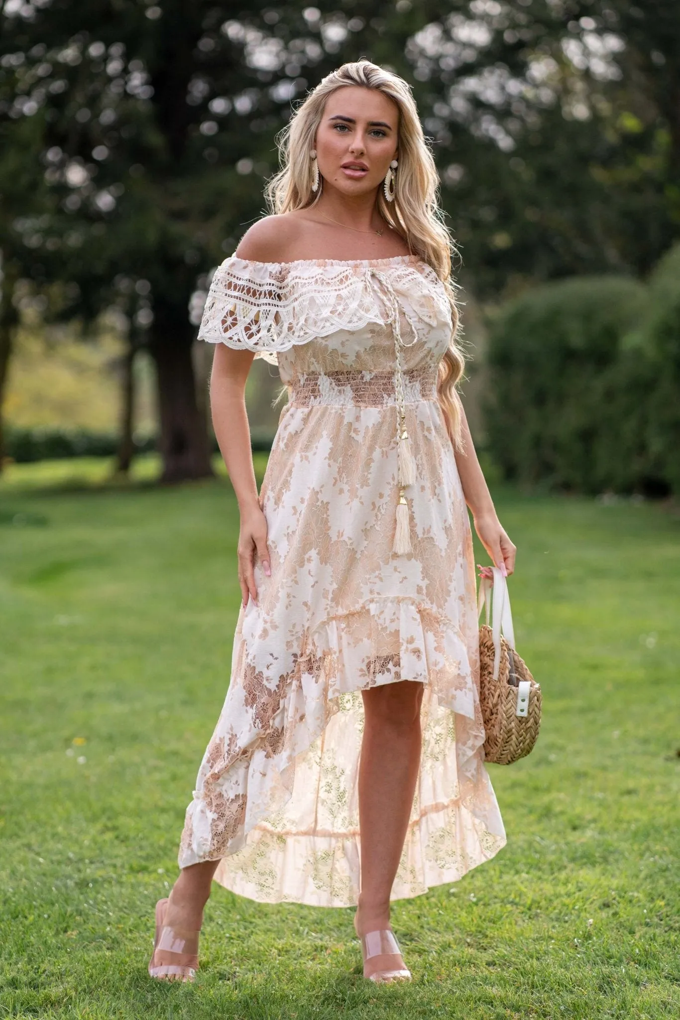 Beige Boho Dipped Hem Bardot Dress