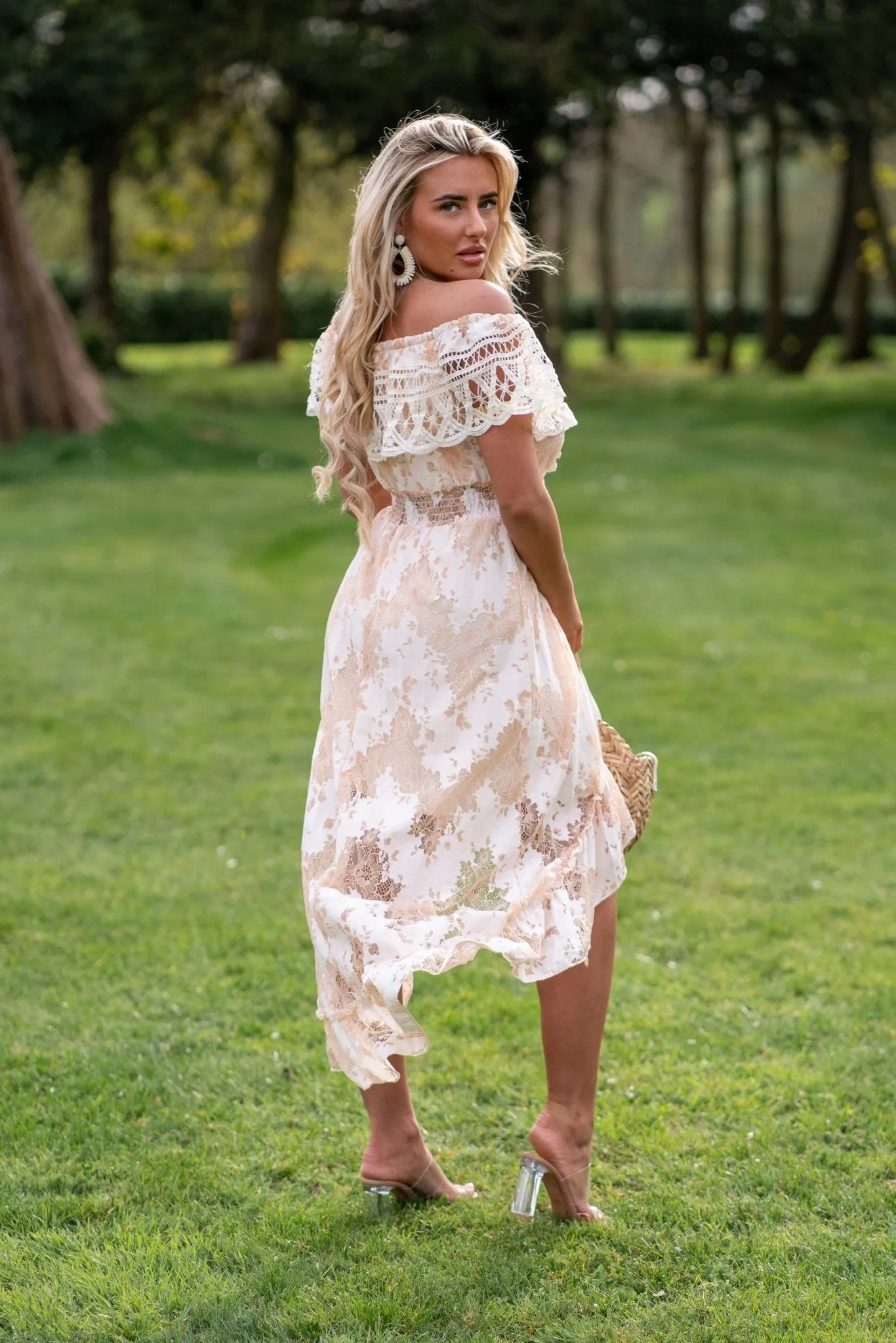 Beige Boho Dipped Hem Bardot Dress