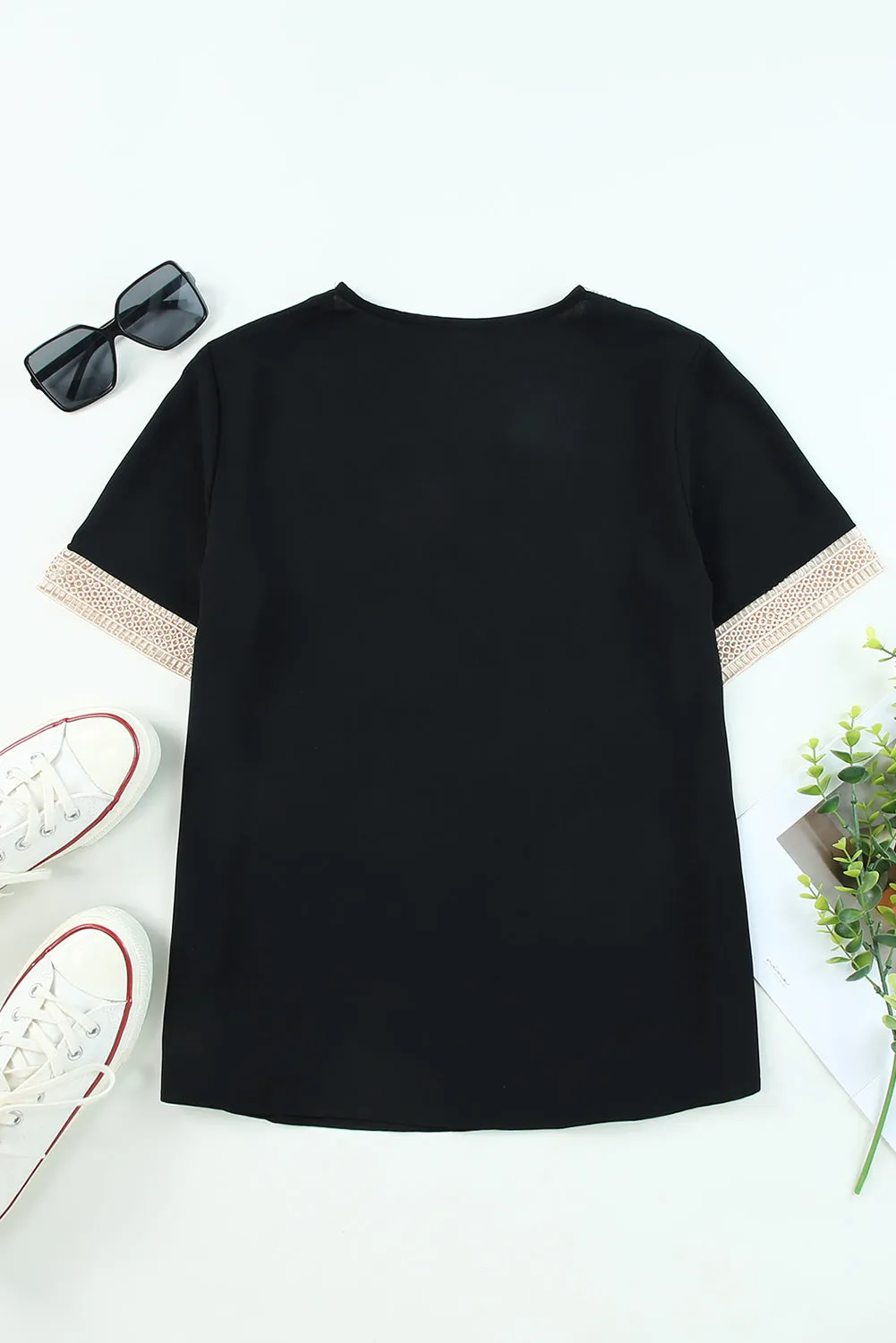 Black Lace Trim V Neck Short Sleeve Blouse