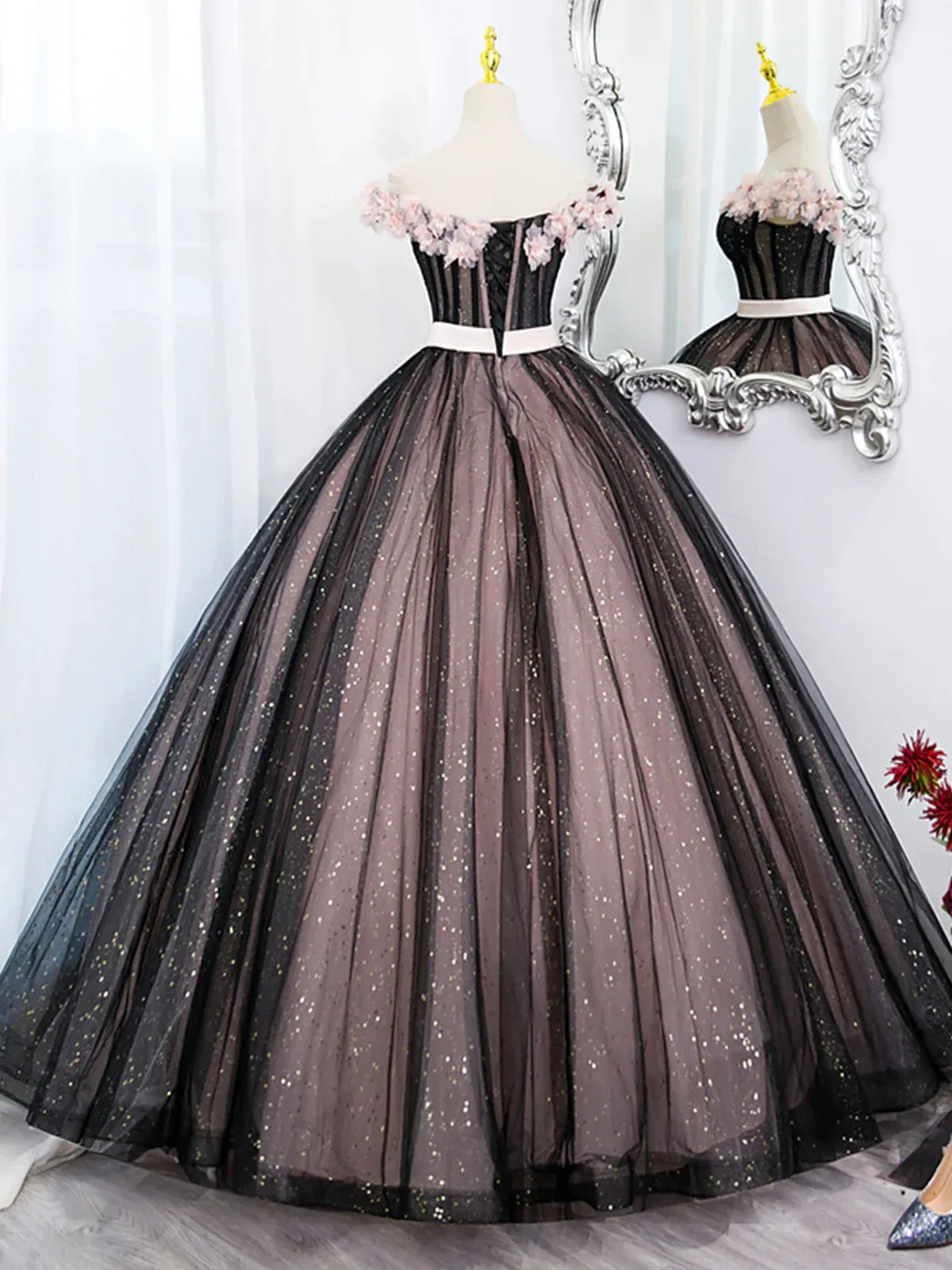 Black Shiny Off Shoulder Formal Prom Dress Party Gown,DP1003