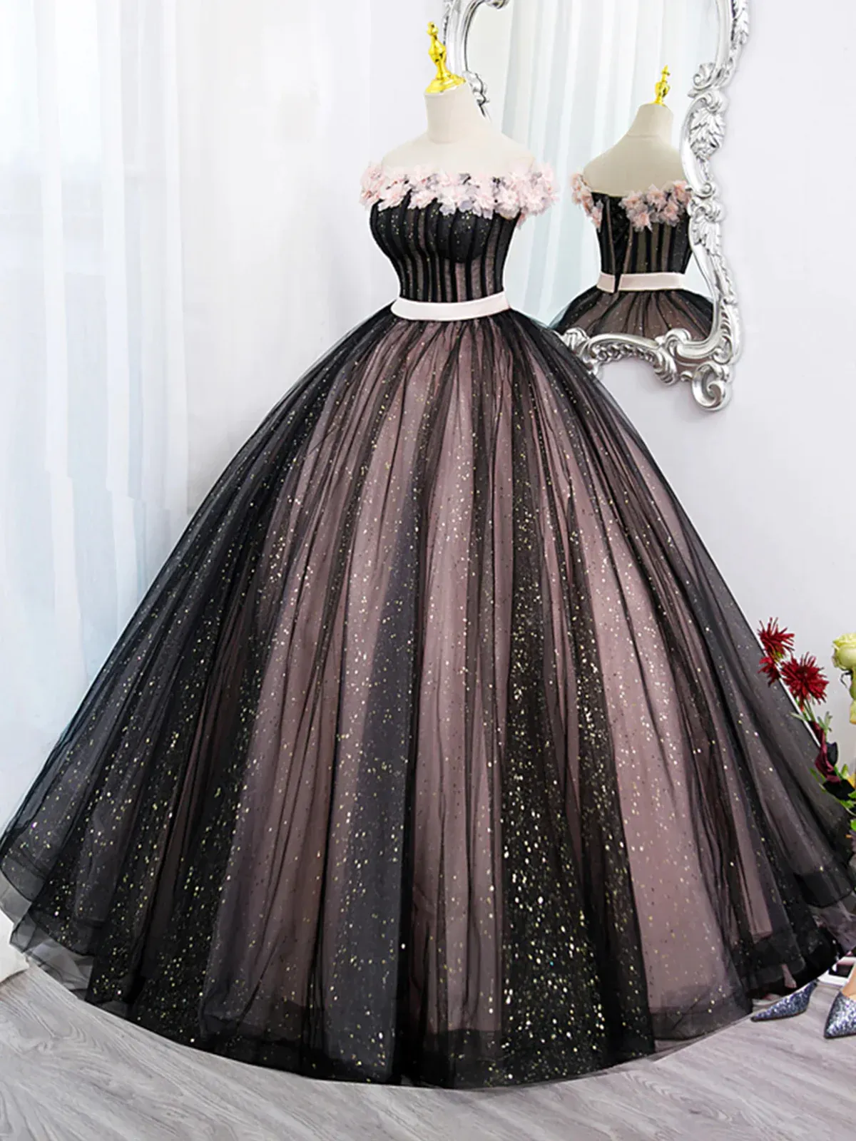 Black Shiny Off Shoulder Formal Prom Dress Party Gown,DP1003