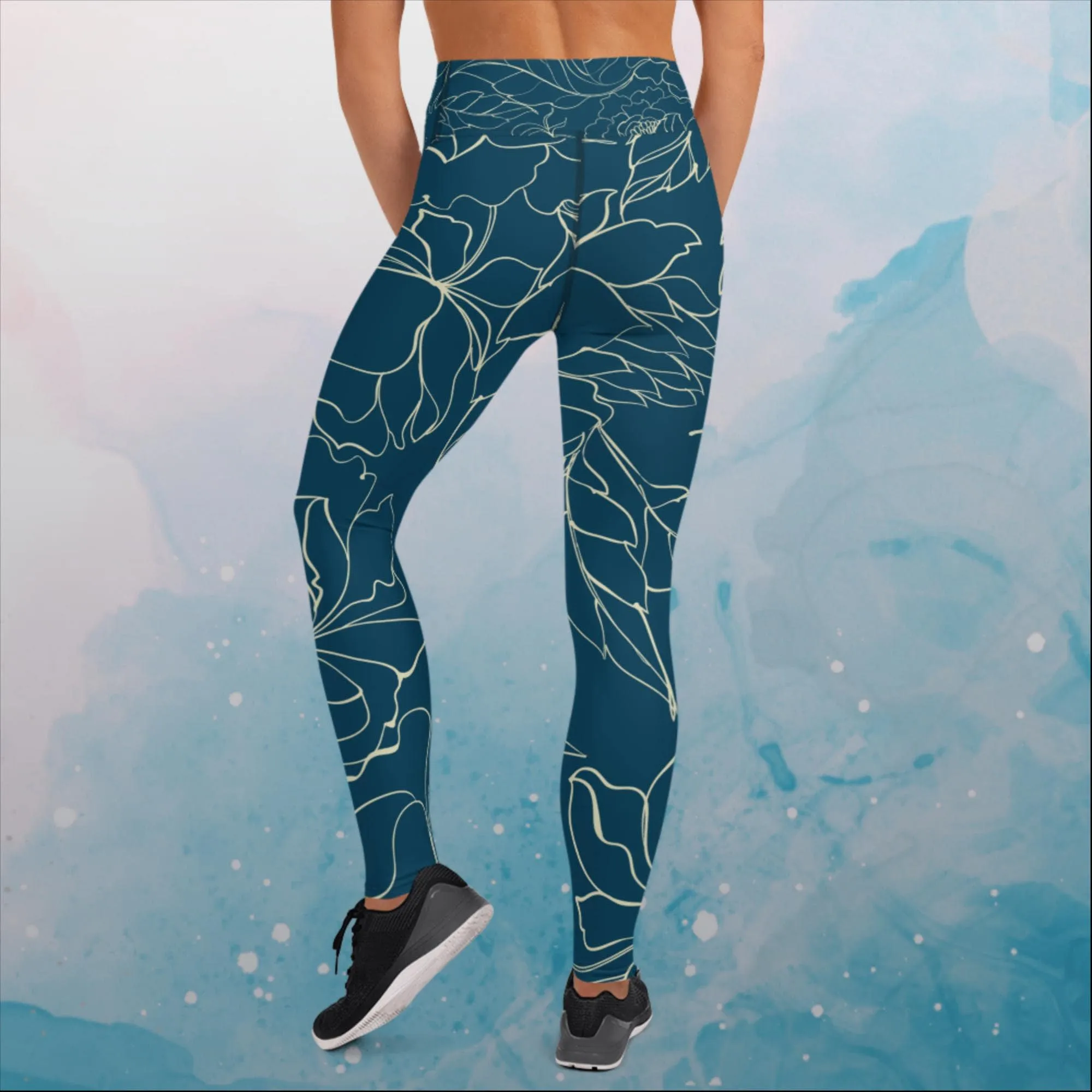 Blue and Cream Floral Stencil Lines Womens Yoga Leggings