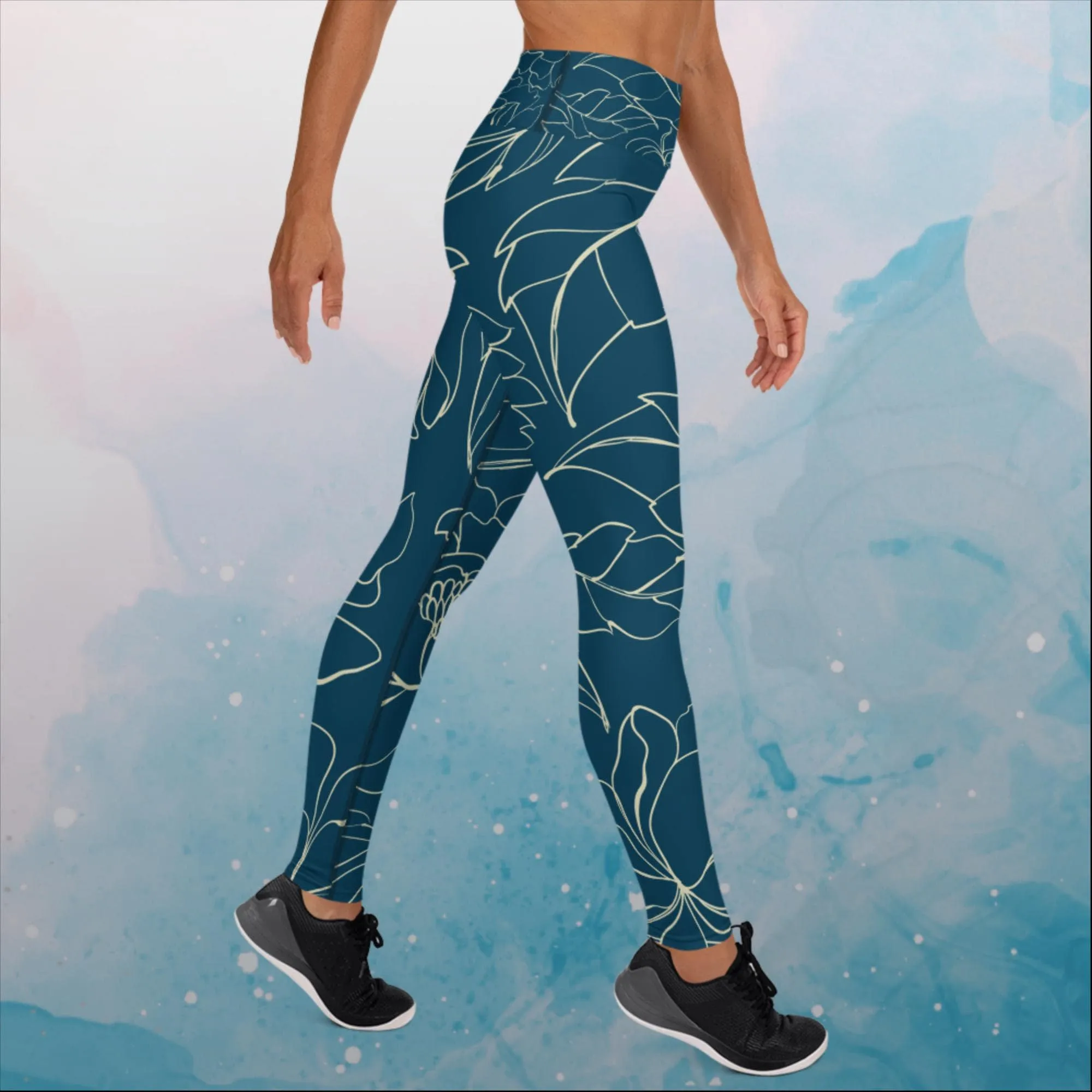 Blue and Cream Floral Stencil Lines Womens Yoga Leggings