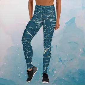 Blue and Cream Floral Stencil Lines Womens Yoga Leggings