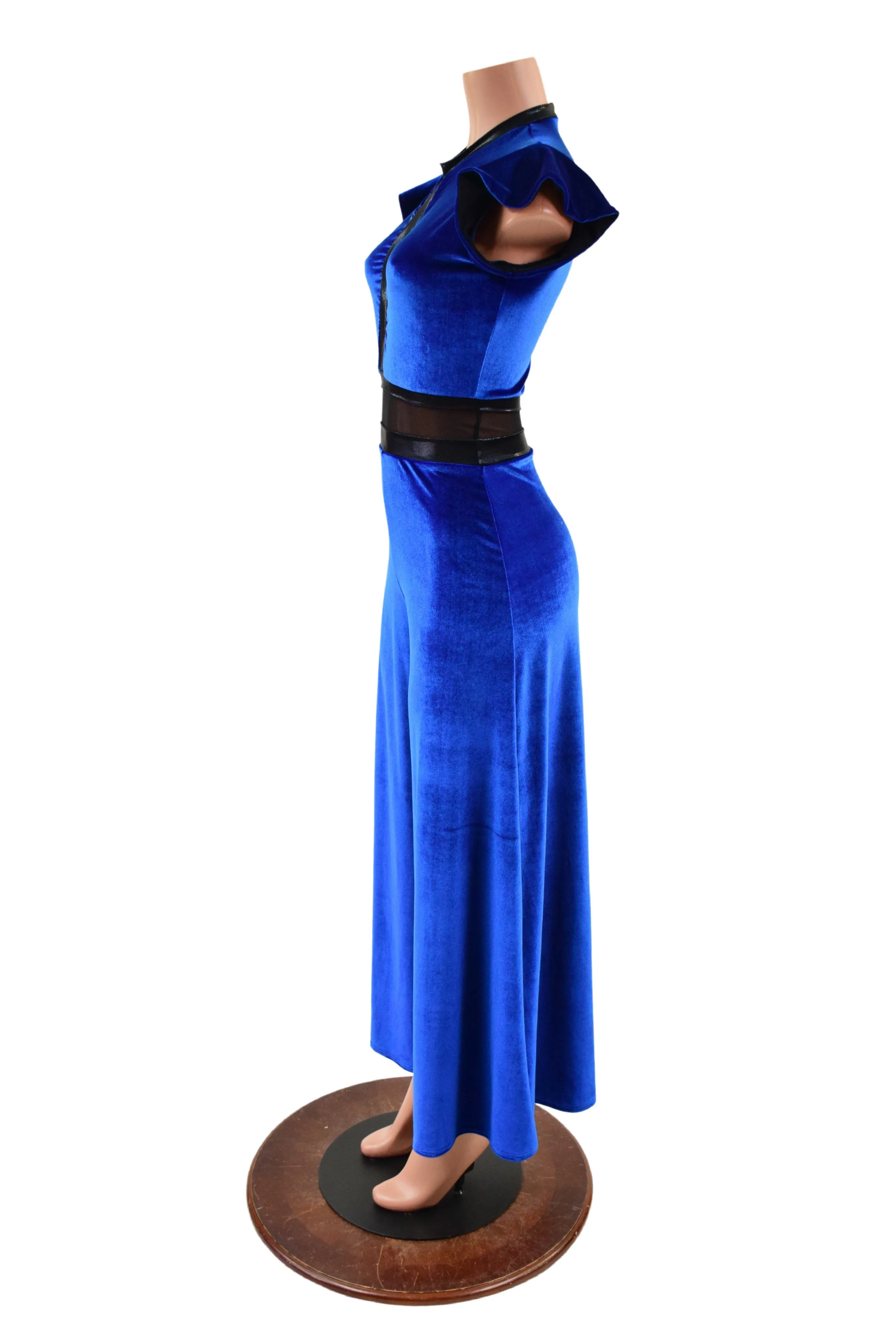 Blue Velvet Wide Leg Jumpsuit with Mesh Waist Panel