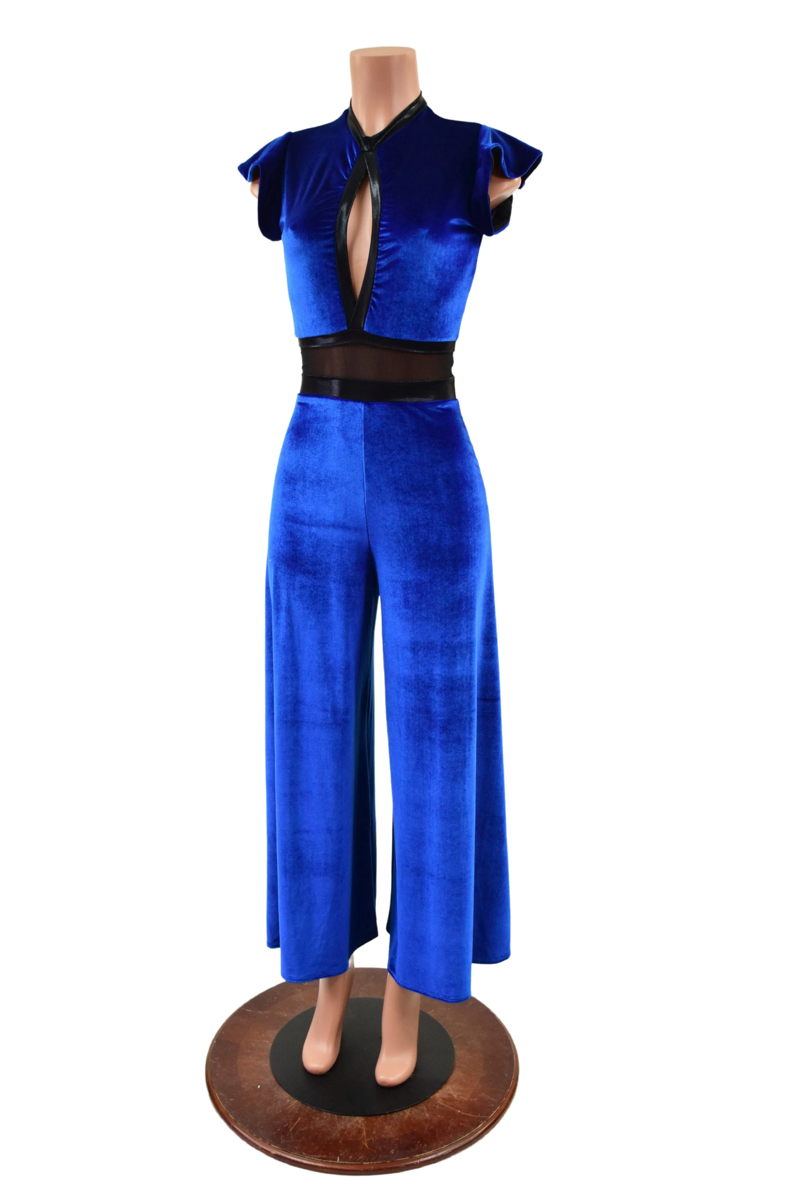 Blue Velvet Wide Leg Jumpsuit with Mesh Waist Panel