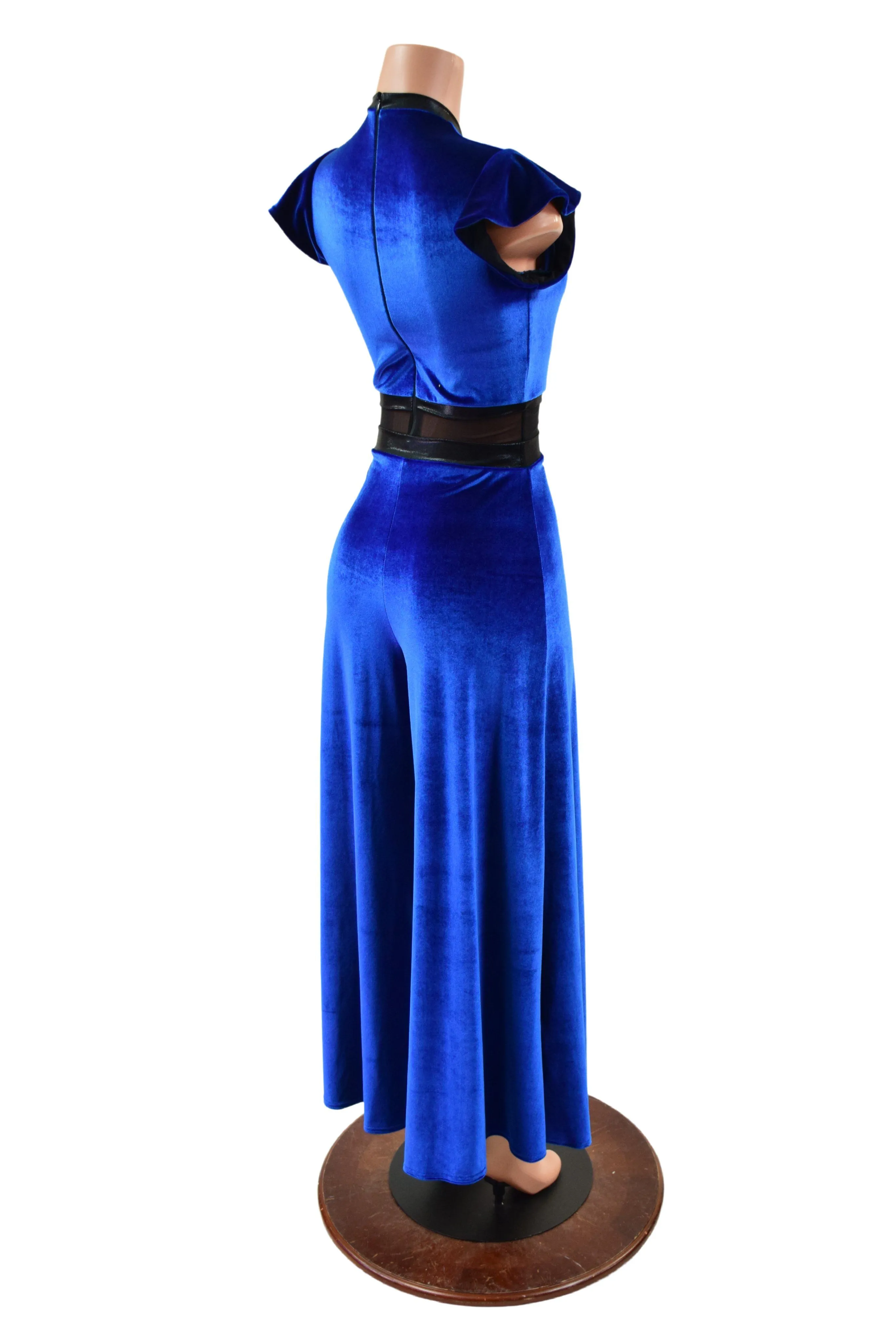 Blue Velvet Wide Leg Jumpsuit with Mesh Waist Panel