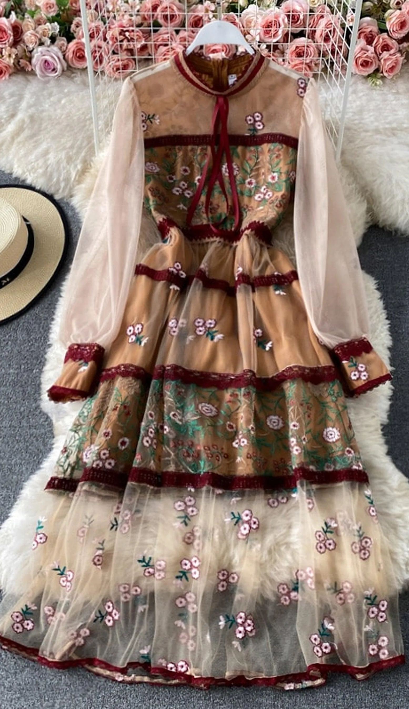 Bohemian Elegant See Through Long Lantern Sleeve Mesh Dress, Flower Embroidery Lace High Waist Bohemian Maxi Dress