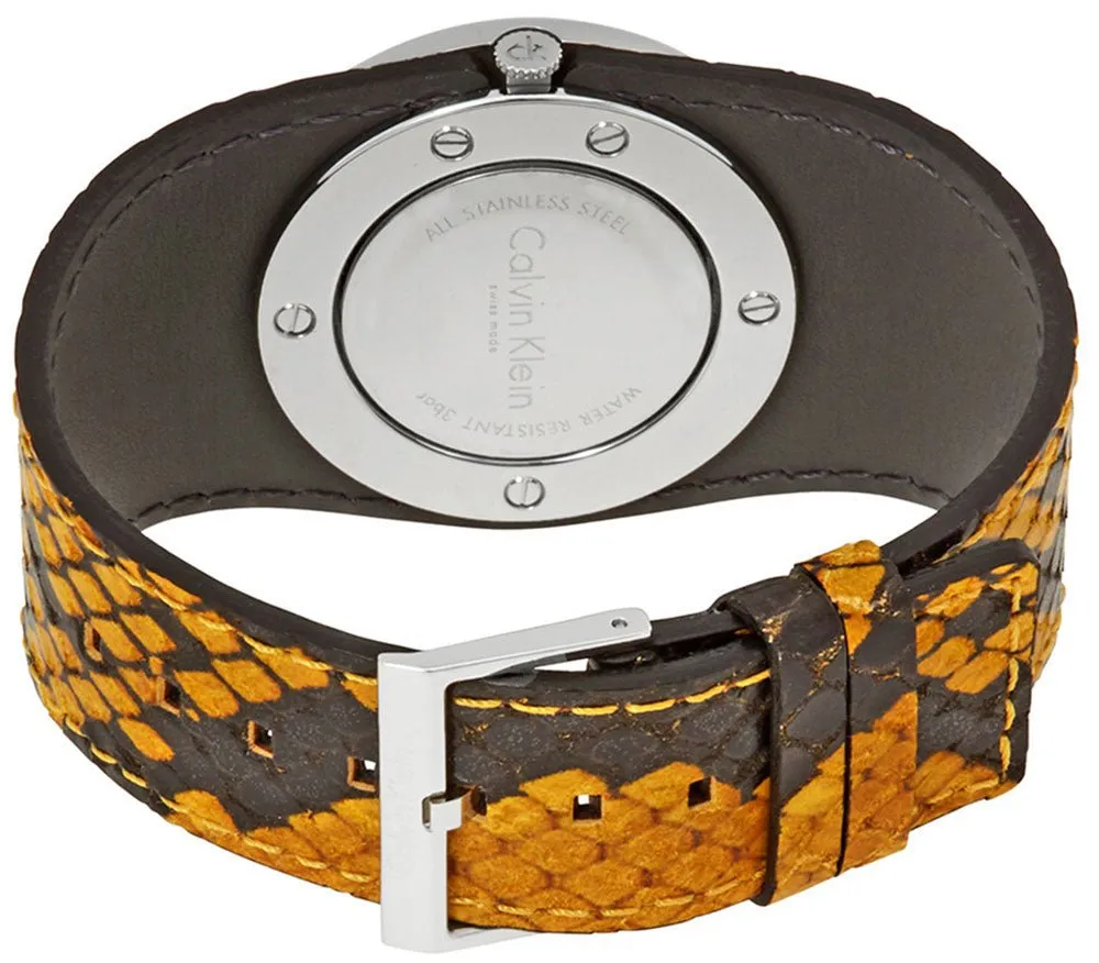 Calvin Klein Spellbound Yellow and Black Leather Silver Dial Quartz Womens Watch K2E23626