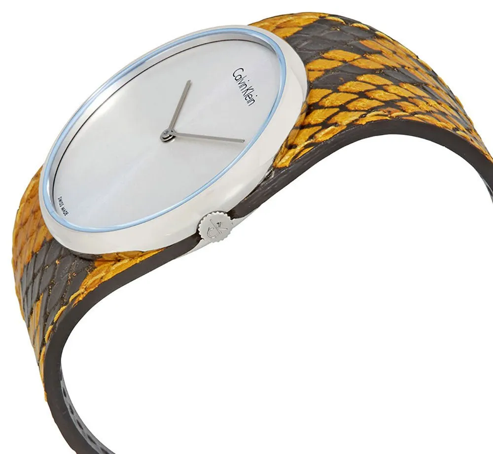 Calvin Klein Spellbound Yellow and Black Leather Silver Dial Quartz Womens Watch K2E23626