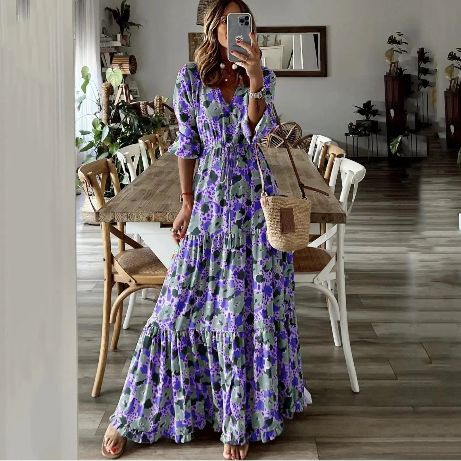 Casual Lantern Sleeves V-Neck Flower Print Lace-Up Long Dress With Large Hem Wholesale Dresses