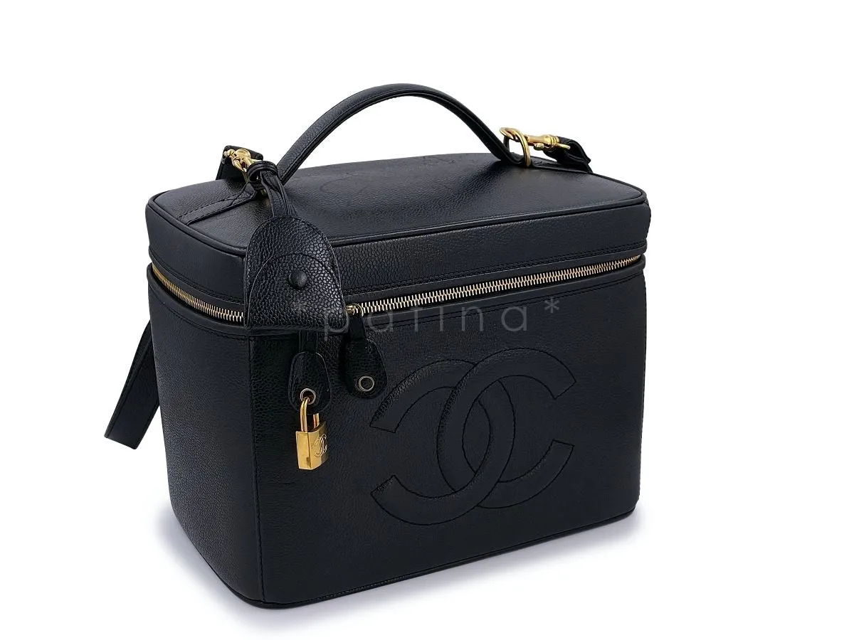 Chanel 1997 Vintage Black Caviar Large Vanity Trunk Bag with lock and strap