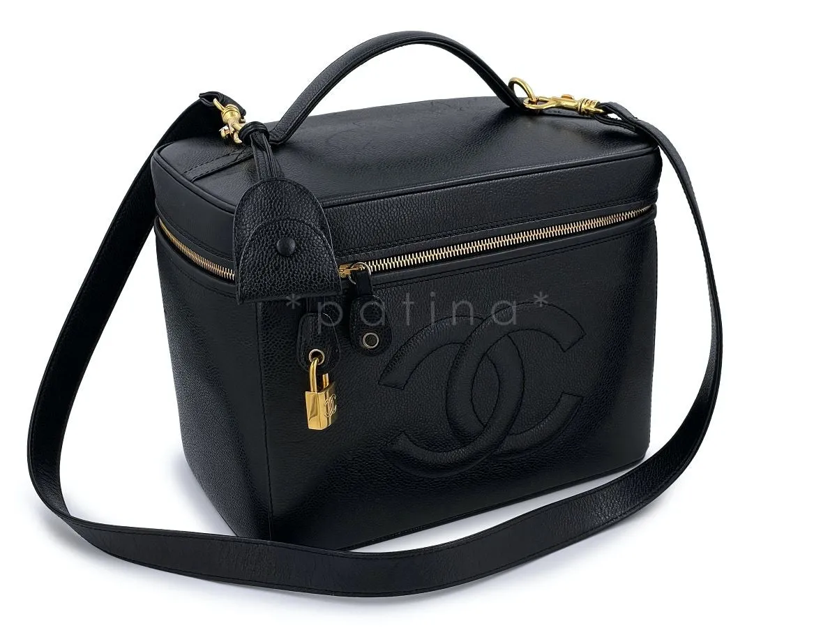 Chanel 1997 Vintage Black Caviar Large Vanity Trunk Bag with lock and strap