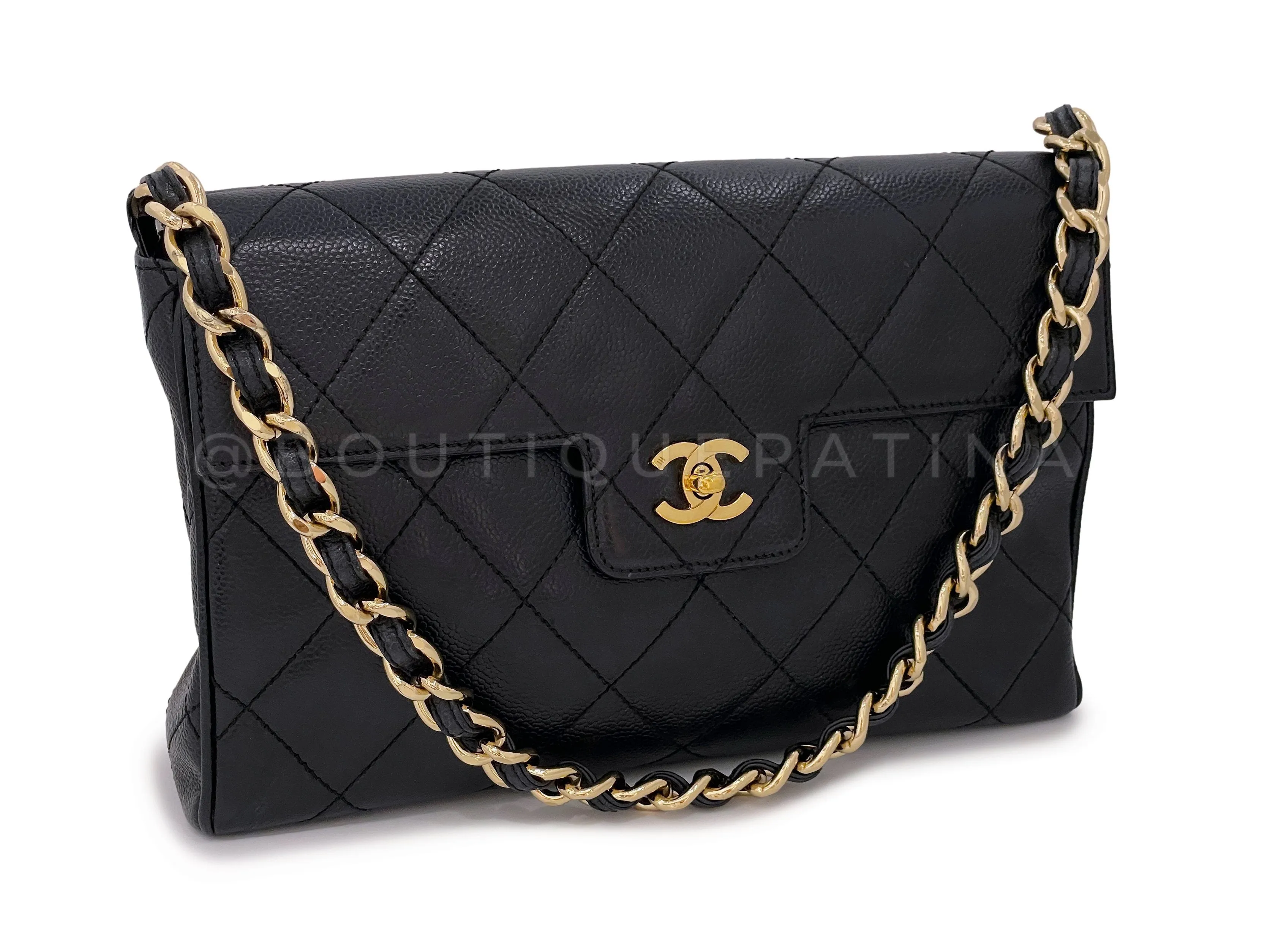 Chanel 2002 Vintage Black Caviar Chunky Single Chain Flap Bag 24k GHW