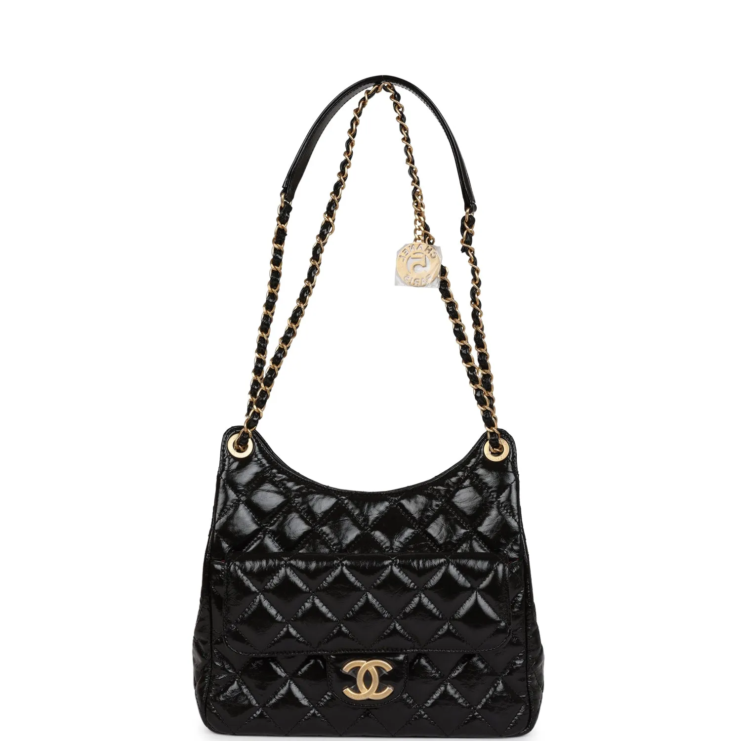 Chanel CC Hobo Bag Black Shiny Crumpled Calfskin Gold Hardware