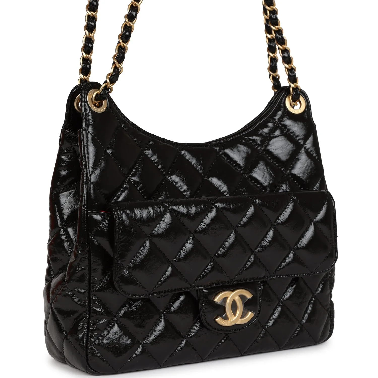 Chanel CC Hobo Bag Black Shiny Crumpled Calfskin Gold Hardware