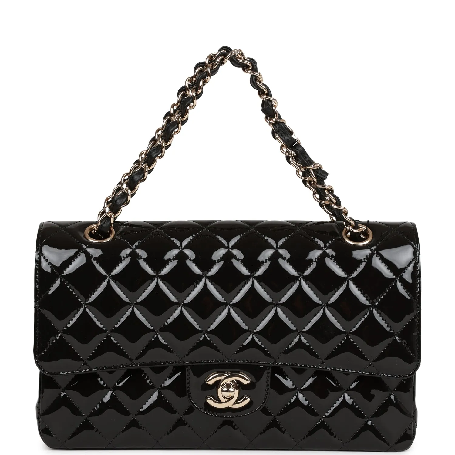 Chanel Medium Classic Double Flap Bag Black Patent Light Gold Hardware