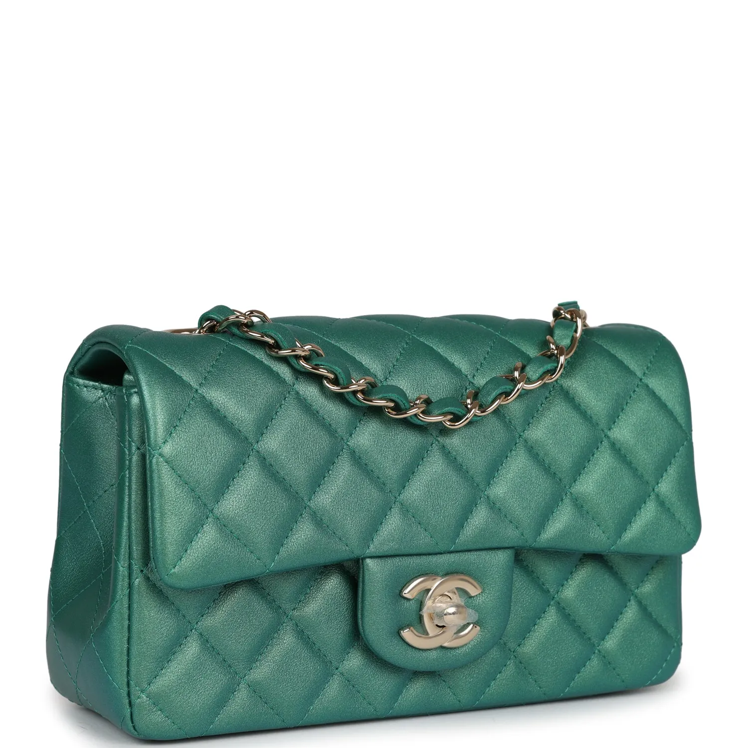 Chanel Mini Classic Rectangular Flap Iridescent Green Lambskin Light Gold Hardware