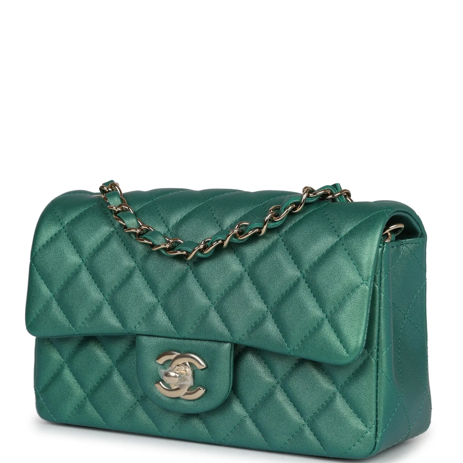 Chanel Mini Classic Rectangular Flap Iridescent Green Lambskin Light Gold Hardware