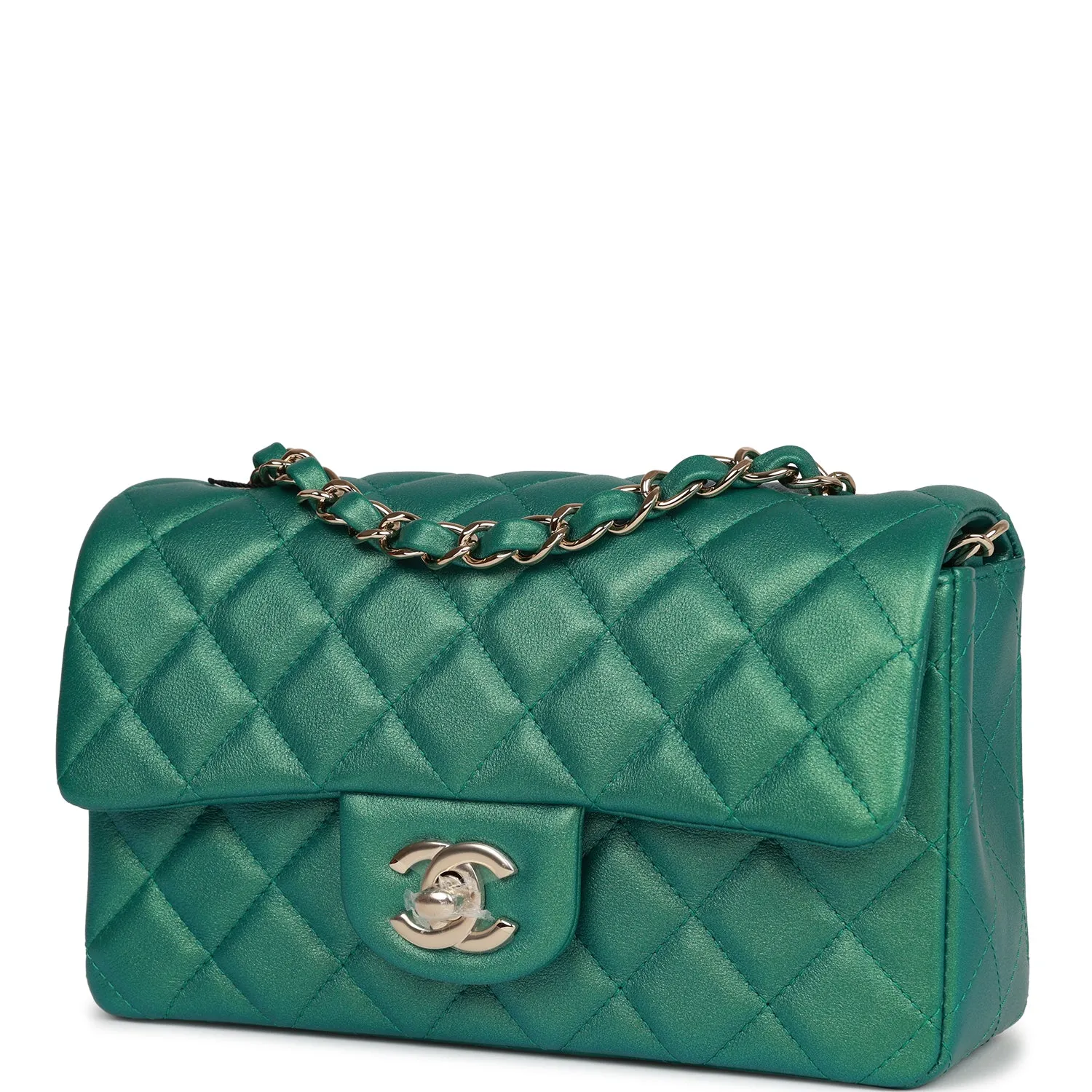 Chanel Mini Rectangular Flap Bag Green Iridescent Quilted Lambskin Light Gold Hardware