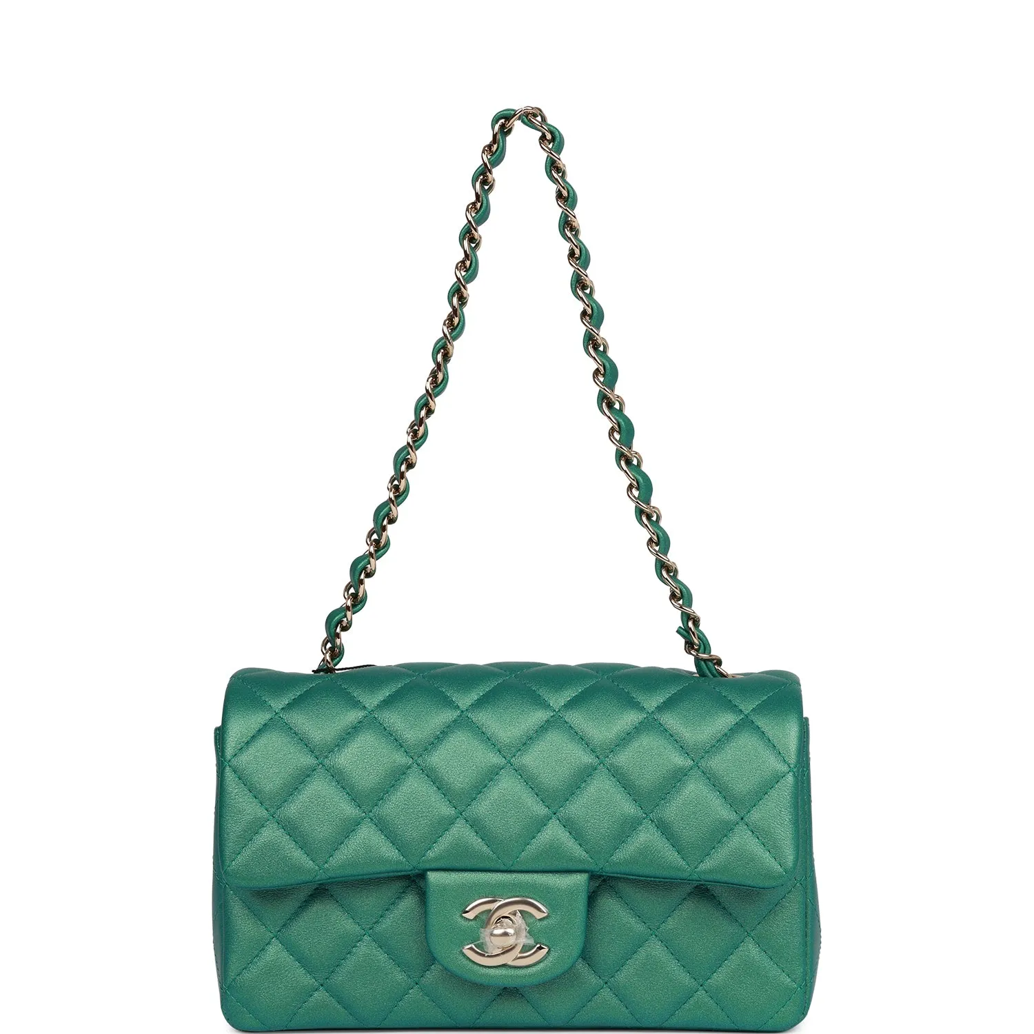 Chanel Mini Rectangular Flap Bag Green Iridescent Quilted Lambskin Light Gold Hardware