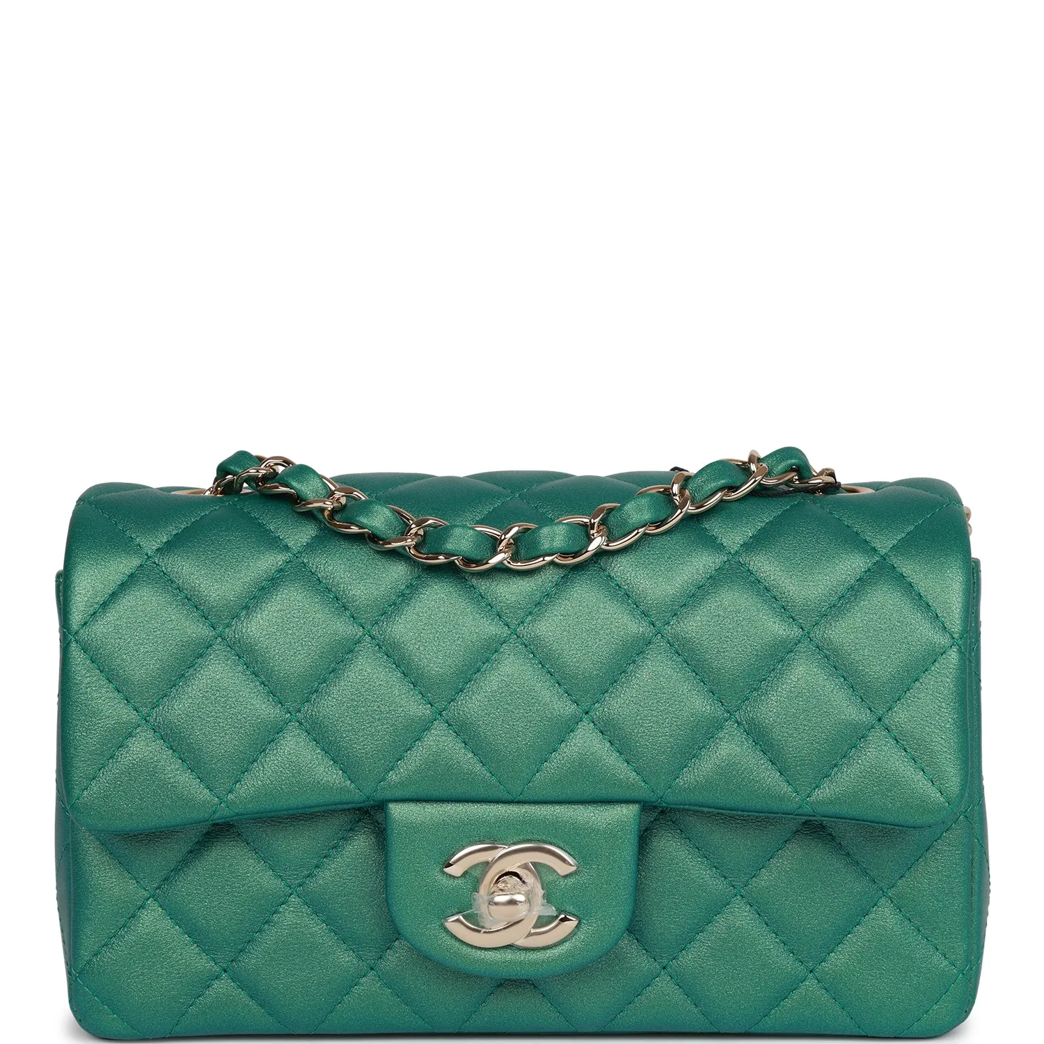 Chanel Mini Rectangular Flap Bag Green Iridescent Quilted Lambskin Light Gold Hardware