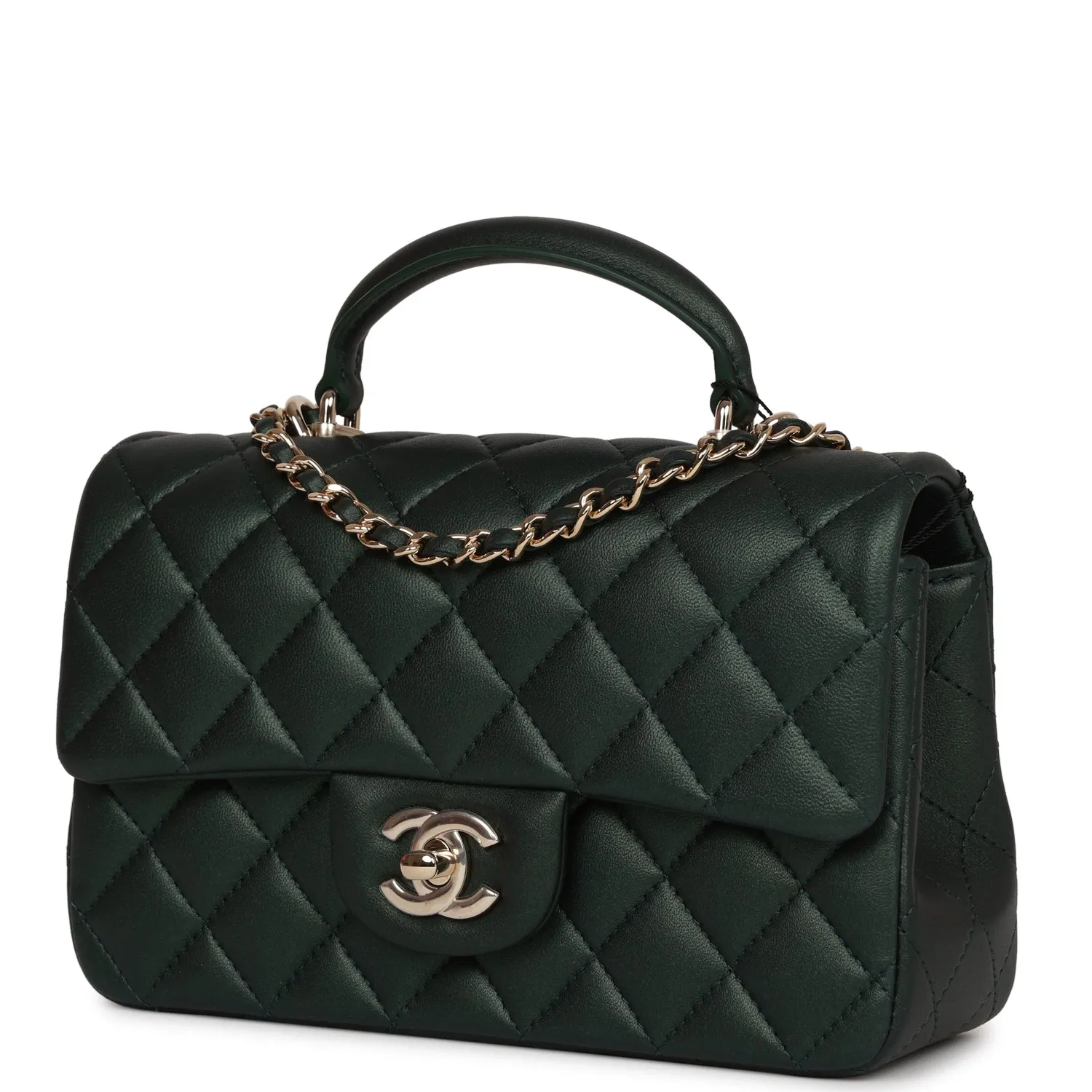 Chanel Mini Rectangular Flap with Top Handle Dark Green Lambskin Light Gold Hardware