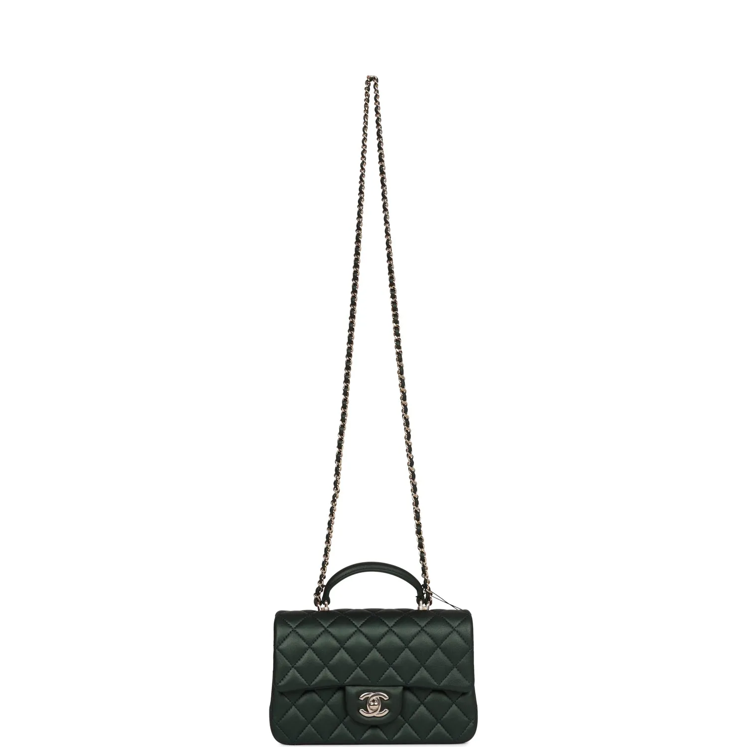 Chanel Mini Rectangular Flap with Top Handle Dark Green Lambskin Light Gold Hardware