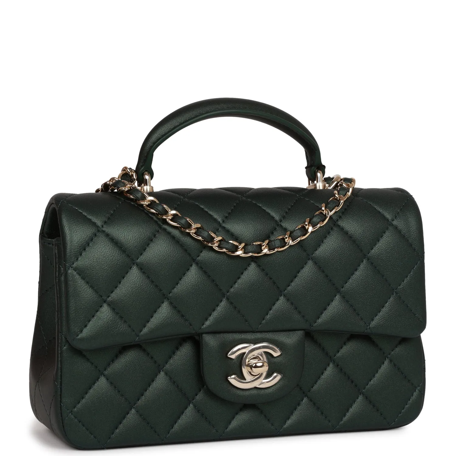 Chanel Mini Rectangular Flap with Top Handle Dark Green Lambskin Light Gold Hardware