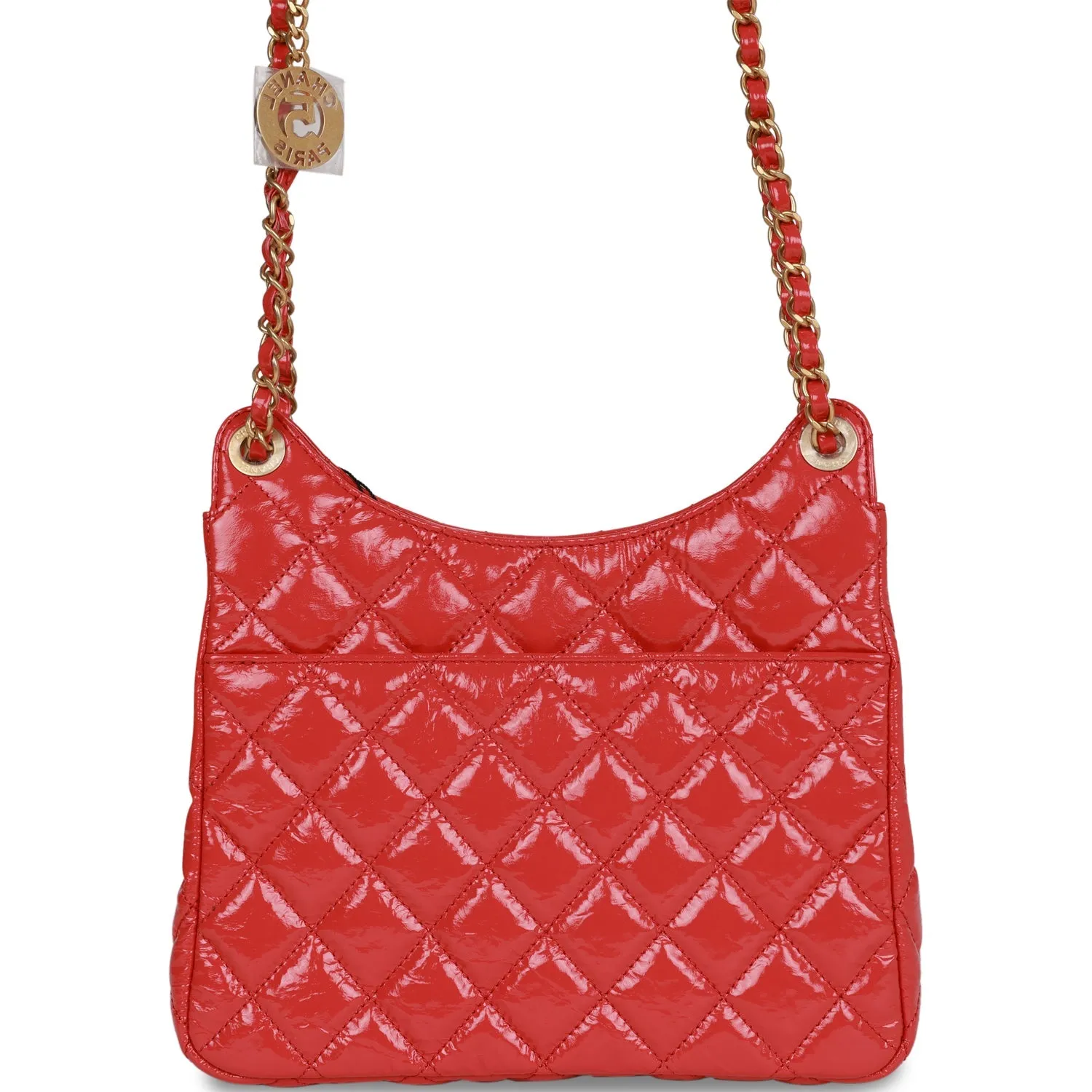 Chanel Quilted CC Hobo Bag Red Shiny Crumpled Calfskin Antique Gold Hardware