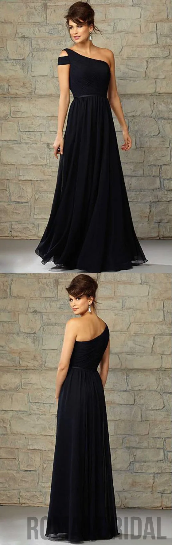 Cheap Formal Elegant Chiffon One Shoulder Floor-Length Navy Blue Bridesmaid Dresses, WG12