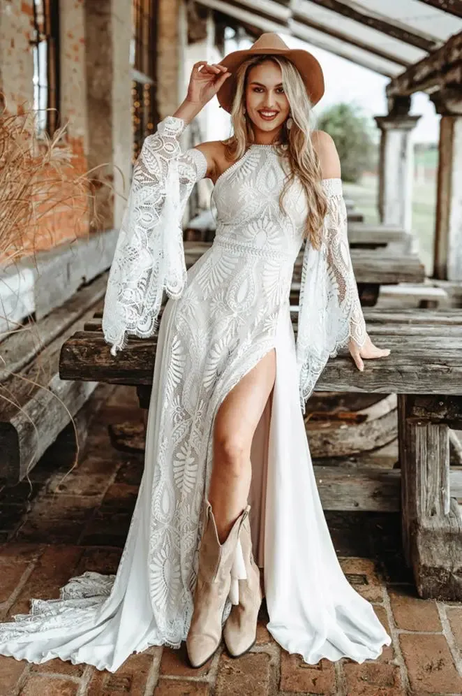 Chic Bohemian Crochet Lace Wedding Dress 2024 with Sexy Slit and Backless Design