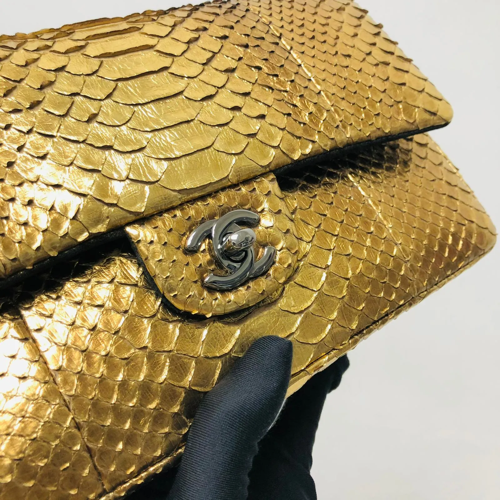 Classic Double Flap Gold M/L Python Bag with RHW