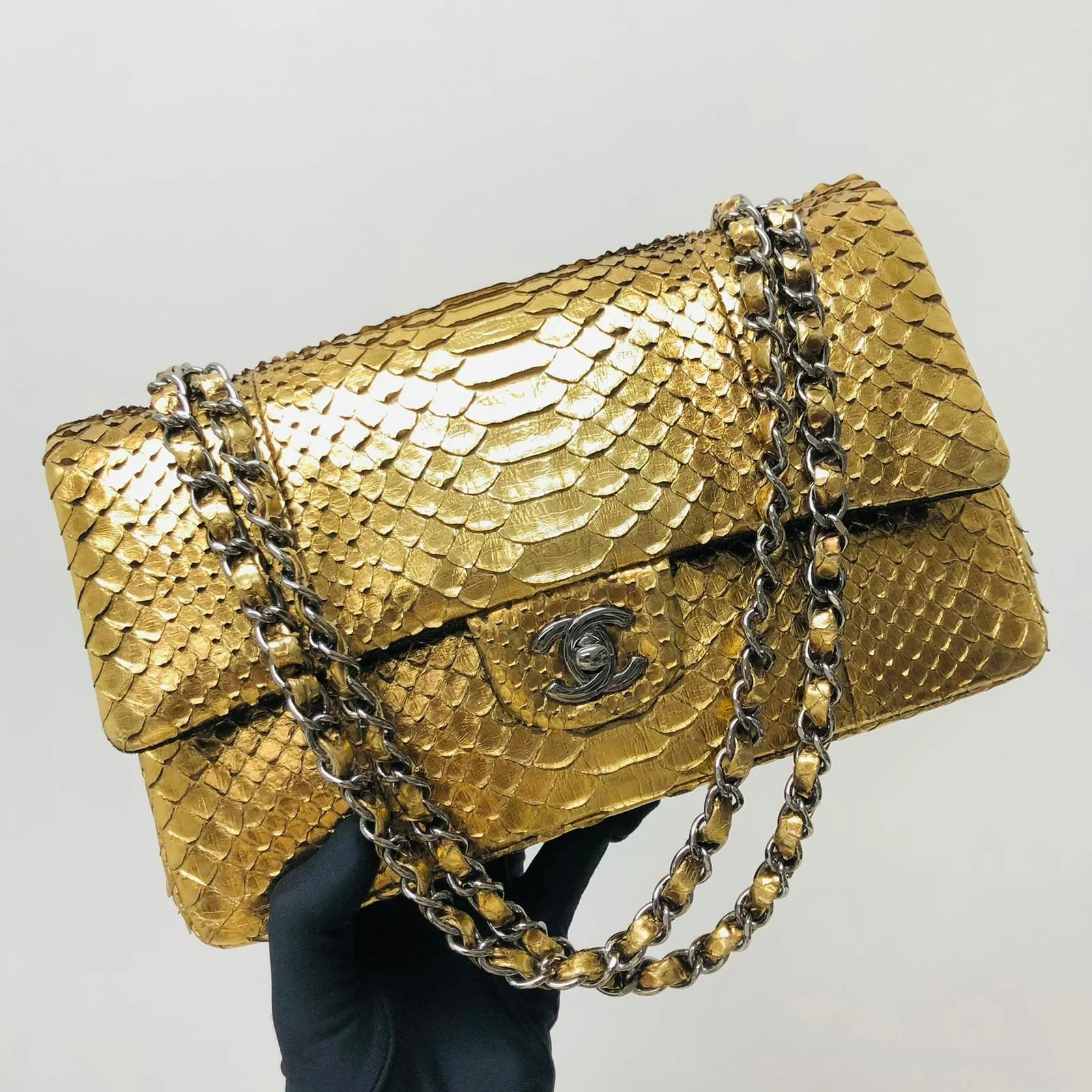 Classic Double Flap Gold M/L Python Bag with RHW